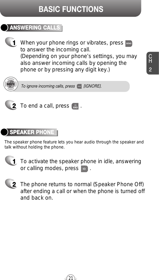 CH221BASIC FUNCTIONSTo ignore incoming calls, press        [IGNORE].ANSWERING CALLS1When your phone rings or vibrates, press to answer the incoming call. (Depending on your phone’s settings, you mayalso answer incoming calls by opening thephone or by pressing any digit key.)2To end a call, press       .The speaker phone feature lets you hear audio through the speaker andtalk without holding the phone.SPEAKER PHONE1To activate the speaker phone in idle, answeringor calling modes, press       .2The phone returns to normal (Speaker Phone Off)after ending a call or when the phone is turned offand back on.