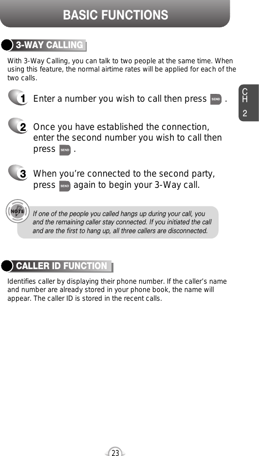 BASIC FUNCTIONSCH223If one of the people you called hangs up during your call, youand the remaining caller stay connected. If you initiated the calland are the first to hang up, all three callers are disconnected.With 3-Way Calling, you can talk to two people at the same time. Whenusing this feature, the normal airtime rates will be applied for each of thetwo calls.3-WAY CALLING1Enter a number you wish to call then press       .2Once you have established the connection,enter the second number you wish to call thenpress       .3When you’re connected to the second party,press       again to begin your 3-Way call.Identifies caller by displaying their phone number. If the caller’s nameand number are already stored in your phone book, the name willappear. The caller ID is stored in the recent calls.CALLER ID FUNCTION