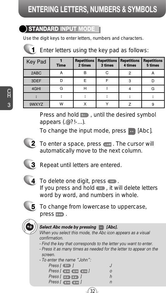 ENTERING LETTERS, NUMBERS &amp; SYMBOLSSelect Abc mode by pressing         [Abc].When you select this mode, the Abc icon appears as a visualconfirmation.- Find the key that corresponds to the letter you want to enter.- Press it as many times as needed for the letter to appear on thescreen.- To enter the name “John”:Press [          ] JPress [                        ] oPress [                 ] hPress [                 ] nCH3Use the digit keys to enter letters, numbers and characters.STANDARD INPUT MODE1Enter letters using the key pad as follows:2To enter a space, press       . The cursor willautomatically move to the next column.3Repeat until letters are entered. 4To delete one digit, press       . If you press and hold       , it will delete lettersword by word, and numbers in whole.To change the input mode, press       [Abc].Press and hold       , until the desired symbolappears (.@?!-...).32Key Pad2ABC3DEF4GHI:9WXYZADG:WBEH:XCFI:Y234:ZADG:91 TimeRepetitions2 timesRepetitions3 timesRepetitions4 timesRepetitions5 times5To change from lowercase to uppercase, press       .