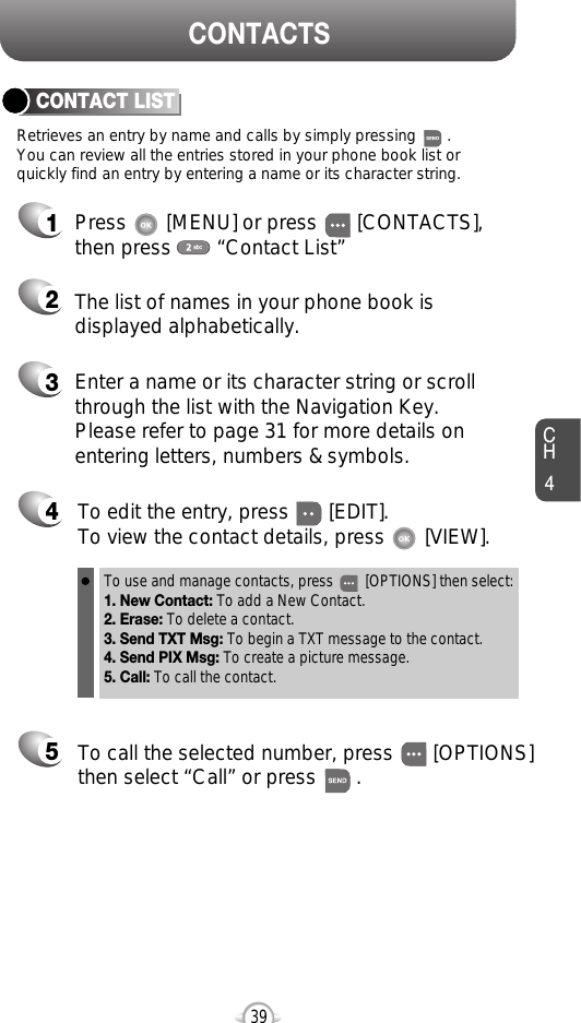 CH439Retrieves an entry by name and calls by simply pressing       . You can review all the entries stored in your phone book list orquickly find an entry by entering a name or its character string. CONTACT LISTCONTACTS12345Press       [MENU] or press       [CONTACTS], then press        “Contact List” Enter a name or its character string or scrollthrough the list with the Navigation Key. Please refer to page 31 for more details onentering letters, numbers &amp; symbols.The list of names in your phone book isdisplayed alphabetically.To edit the entry, press       [EDIT].  To view the contact details, press       [VIEW].  To call the selected number, press       [OPTIONS]then select “Call” or press       .To use and manage contacts, press        [OPTIONS] then select:1. New Contact: To add a New Contact.2. Erase: To delete a contact.3. Send TXT Msg: To begin a TXT message to the contact.4. Send PIX Msg: To create a picture message.5. Call: To call the contact.