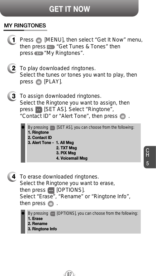 CH587GET IT NOWMY RINGTONES1Press       [MENU], then select “Get It Now” menu,then press       “Get Tunes &amp; Tones” then press       “My Ringtones”.2To play downloaded ringtones.Select the tunes or tones you want to play, thenpress       [PLAY].3To assign downloaded ringtones.Select the Ringtone you want to assign, thenpress       [SET AS]. Select “Ringtone”, “Contact ID” or “Alert Tone”, then press       .4To erase downloaded ringtones.Select the Ringtone you want to erase, then press       [OPTIONS].Select “Erase”, “Rename” or “Ringtone Info”,then press       .By pressing        [OPTIONS], you can choose from the following:1. Erase2. Rename3. Ringtone InfolBy pressing        [SET AS], you can choose from the following:1. Ringtone2. Contact ID3. Alert Tone -  1. All Msg2. TXT Msg3. PIX Msg4. Voicemail Msgl