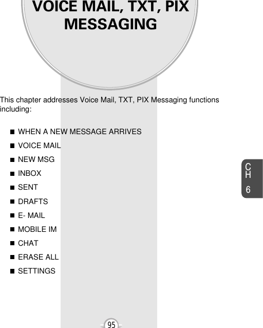 VOICE MAIL, TXT, PIXMESSAGINGThis chapter addresses Voice Mail, TXT, PIX Messaging functionsincluding: WHEN A NEW MESSAGE ARRIVESVOICE MAILNEW MSGINBOXSENTDRAFTSE- MAILMOBILE IMCHATERASE ALLSETTINGSChapter 695CH695