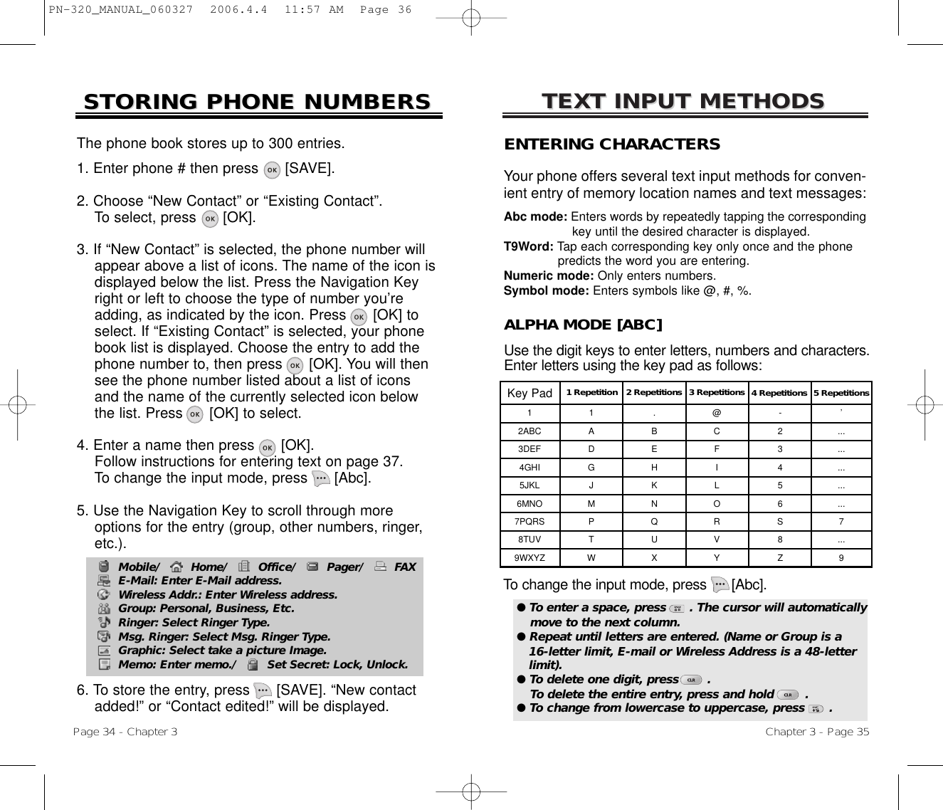 TEXT INPUT METHODSTEXT INPUT METHODSENTERING CHARACTERS Your phone offers several text input methods for conven-ient entry of memory location names and text messages:Abc mode: Enters words by repeatedly tapping the correspondingkey until the desired character is displayed.T9Word: Tap each corresponding key only once and the phone predicts the word you are entering.Numeric mode: Only enters numbers.Symbol mode: Enters symbols like @, #, %.Chapter 3 - Page 35STORING PHONE NUMBERSSTORING PHONE NUMBERSPage 34 - Chapter 3The phone book stores up to 300 entries.1. Enter phone # then press      [SAVE].2. Choose “New Contact” or “Existing Contact”.To select, press [OK].3. If “New Contact” is selected, the phone number willappear above a list of icons. The name of the icon isdisplayed below the list. Press the Navigation Keyright or left to choose the type of number you’readding, as indicated by the icon. Press [OK] toselect. If “Existing Contact” is selected, your phonebook list is displayed. Choose the entry to add thephone number to, then press [OK]. You will thensee the phone number listed about a list of iconsand the name of the currently selected icon belowthe list. Press [OK] to select.4. Enter a name then press [OK].Follow instructions for entering text on page 37.To change the input mode, press [Abc].5. Use the Navigation Key to scroll through moreoptions for the entry (group, other numbers, ringer, etc.).6. To store the entry, press [SAVE]. “New contact added!” or “Contact edited!” will be displayed.Mobile/        Home/        Office/        Pager/        FAXE-Mail: Enter E-Mail address.Wireless Addr.: Enter Wireless address.Group: Personal, Business, Etc.Ringer: Select Ringer Type.Msg. Ringer: Select Msg. Ringer Type.Graphic: Select take a picture Image.Memo: Enter memo./        Set Secret: Lock, Unlock.ALPHA MODE [ABC]Use the digit keys to enter letters, numbers and characters.Enter letters using the key pad as follows:● To enter a space, press      . The cursor will automaticallymove to the next column.● Repeat until letters are entered. (Name or Group is a16-letter limit, E-mail or Wireless Address is a 48-letter limit).● To delete one digit, press       . To delete the entire entry, press and hold       .● To change from lowercase to uppercase, press      .Key Pad 1 Repetition1ADGJMPTW12ABC3DEF4GHI5JKL6MNO7PQRS8TUV9WXYZ.BEHKNQUX@CFILORVY-23456S8Z’...............7...92 Repetitions 3 Repetitions 4 Repetitions 5 RepetitionsTo change the input mode, press      [Abc].PN-320_MANUAL_060327  2006.4.4  11:57 AM  Page 36