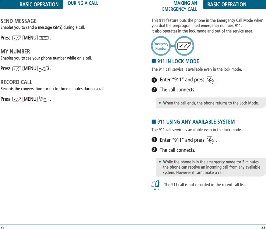 MAKING AN EMERGENCY CALL BASIC OPERATION33BASIC OPERATION DURING A CALL32SEND MESSAGEEnables you to send a message (SMS) during a call.Press         [MENU]         .MY NUMBEREnables you to see your phone number while on a call.Press         [MENU]         .RECORD CALLRecords the conversation for up to three minutes during a call.Press         [MENU]         .This 911 feature puts the phone in the Emergency Call Mode whenyou dial the preprogrammed emergency number, 911. It also operates in the lock mode and out of the service area.■911 IN LOCK MODEThe 911 call service is available even in the lock mode.Enter “911” and press         .The call connects.■911 USING ANY AVAILABLE SYSTEMThe 911 call service is available even in the lock mode.Enter “911” and press         .The call connects.•When the call ends, the phone returns to the Lock Mode.•While the phone is in the emergency mode for 5 minutes, the phone can receive an incoming call from any available system. However it can&apos;t make a call.The 911 call is not recorded in the recent call list.EmergencyNumber