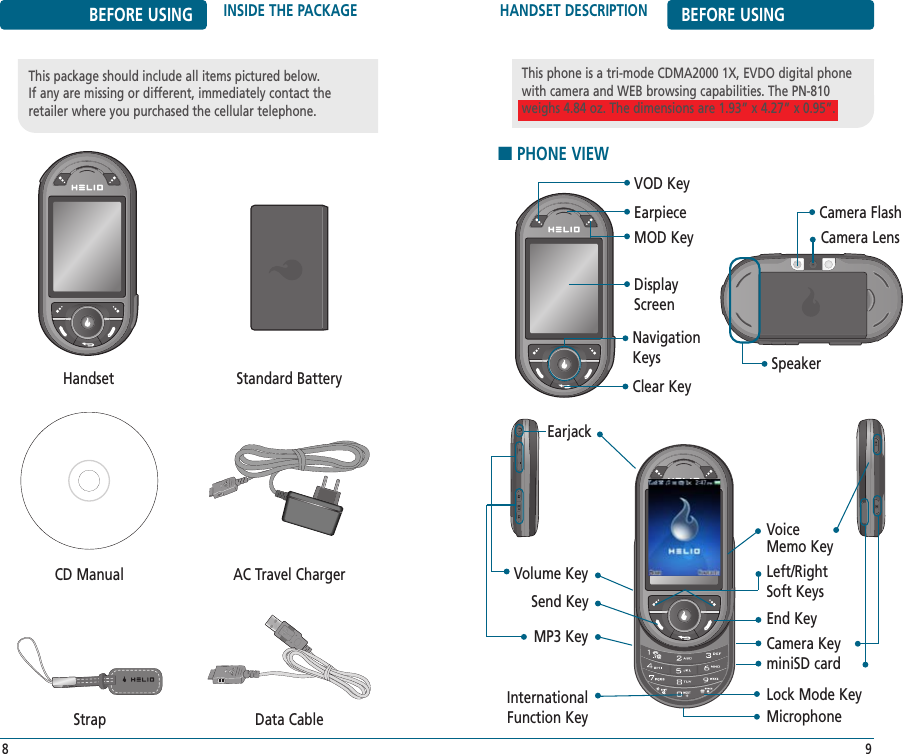 HANDSET DESCRIPTION BEFORE USING■PHONE VIEW9BEFORE USING INSIDE THE PACKAGE8This package should include all items pictured below.If any are missing or different, immediately contact the retailer where you purchased the cellular telephone.Handset Standard BatteryDisplayScreenData CableAC Travel ChargerStrapCD ManualNavigationKeysMOD KeyEarpieceVOD KeyClear KeyThis phone is a tri-mode CDMA2000 1X, EVDO digital phonewith camera and WEB browsing capabilities. The PN-810weighs 4.84 oz. The dimensions are 1.93” x 4.27” x 0.95”.International Function KeyEnd KeyminiSD cardLock Mode KeyLeft/RightSoft KeysSend KeyMP3 Key Camera KeyVoice Memo KeyEarjackVolume KeyMicrophoneCamera LensCamera FlashSpeaker