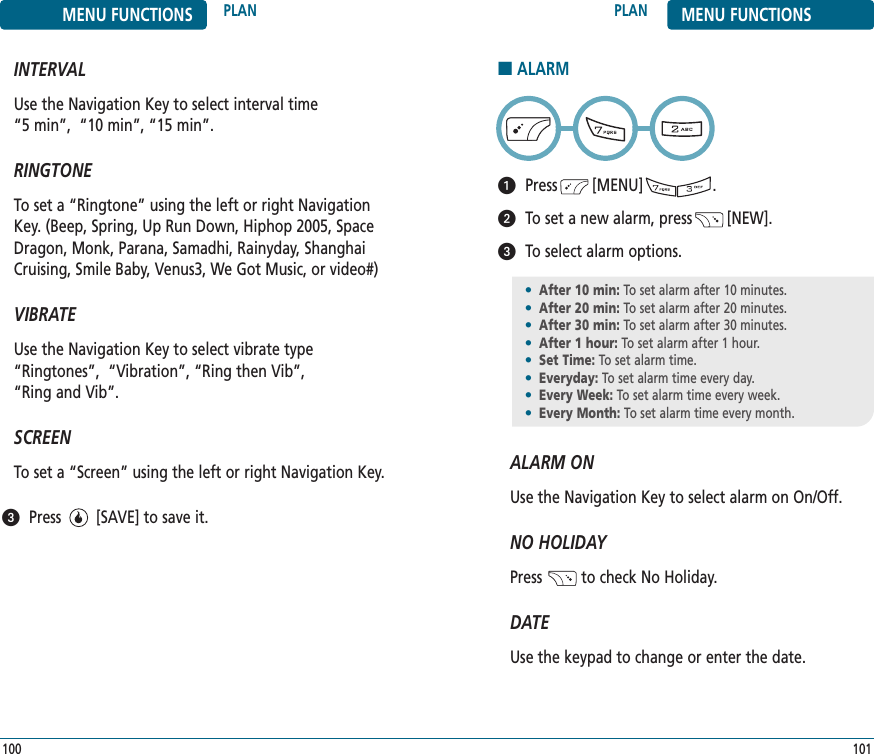 101100PLAN MENU FUNCTIONSMENU FUNCTIONS PLANINTERVALUse the Navigation Key to select interval time “5 min”,  “10 min”, “15 min”.RINGTONETo set a “Ringtone” using the left or right NavigationKey. (Beep, Spring, Up Run Down, Hiphop 2005, SpaceDragon, Monk, Parana, Samadhi, Rainyday, ShanghaiCruising, Smile Baby, Venus3, We Got Music, or video#)VIBRATEUse the Navigation Key to select vibrate type “Ringtones”,  “Vibration”, “Ring then Vib”, “Ring and Vib”.SCREENTo set a “Screen” using the left or right Navigation Key.Press        [SAVE] to save it.■ALARMPress        [MENU]                .To set a new alarm, press        [NEW].To select alarm options.ALARM ONUse the Navigation Key to select alarm on On/Off.NO HOLIDAYPress         to check No Holiday.DATEUse the keypad to change or enter the date.•After 10 min: To set alarm after 10 minutes.•After 20 min: To set alarm after 20 minutes.•After 30 min: To set alarm after 30 minutes.•After 1 hour: To set alarm after 1 hour.•Set Time: To set alarm time.•Everyday: To set alarm time every day.•Every Week: To set alarm time every week.•Every Month: To set alarm time every month.