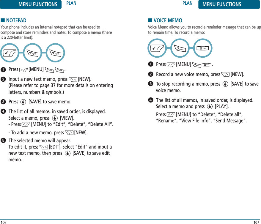 ■NOTEPADYour phone includes an internal notepad that can be used to compose and store reminders and notes. To compose a memo (thereis a 220-letter limit):Press        [MENU]                .Input a new text memo, press        [NEW]. (Please refer to page 37 for more details on enteringletters, numbers &amp; symbols.)Press        [SAVE] to save memo.The list of all memos, in saved order, is displayed. Select a memo, press        [VIEW].- Press        [MENU] to “Edit”, “Delete”, “Delete All”.- To add a new memo, press        [NEW].The selected memo will appear. To edit it, press        [EDIT], select “Edit” and input anew text memo, then press        [SAVE] to save editmemo.107106PLAN MENU FUNCTIONSMENU FUNCTIONS PLAN■VOICE MEMOVoice Memo allows you to record a reminder message that can be upto remain time. To record a memo:Press        [MENU]                .Record a new voice memo, press        [NEW]. To stop recording a memo, press        [SAVE] to savevoice memo.The list of all memos, in saved order, is displayed. Select a memo and press        [PLAY].Press        [MENU] to “Delete”, “Delete all”,“Rename”, “View File Info”, “Send Message”.