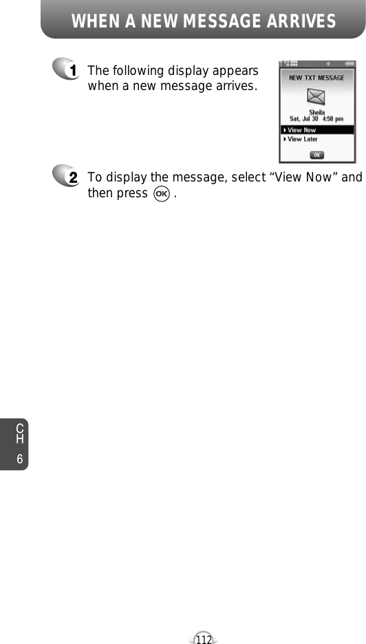 CH6112WHEN A NEW MESSAGE ARRIVES1The following display appearswhen a new message arrives.2To display the message, select “View Now” andthen press       .