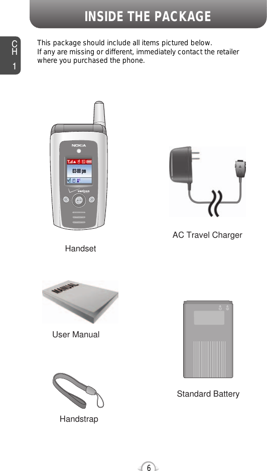 This package should include all items pictured below. If any are missing or different, immediately contact the retailer where you purchased the phone.INSIDE THE PACKAGECH16HandstrapUser ManualAC Travel ChargerHandsetStandard Battery