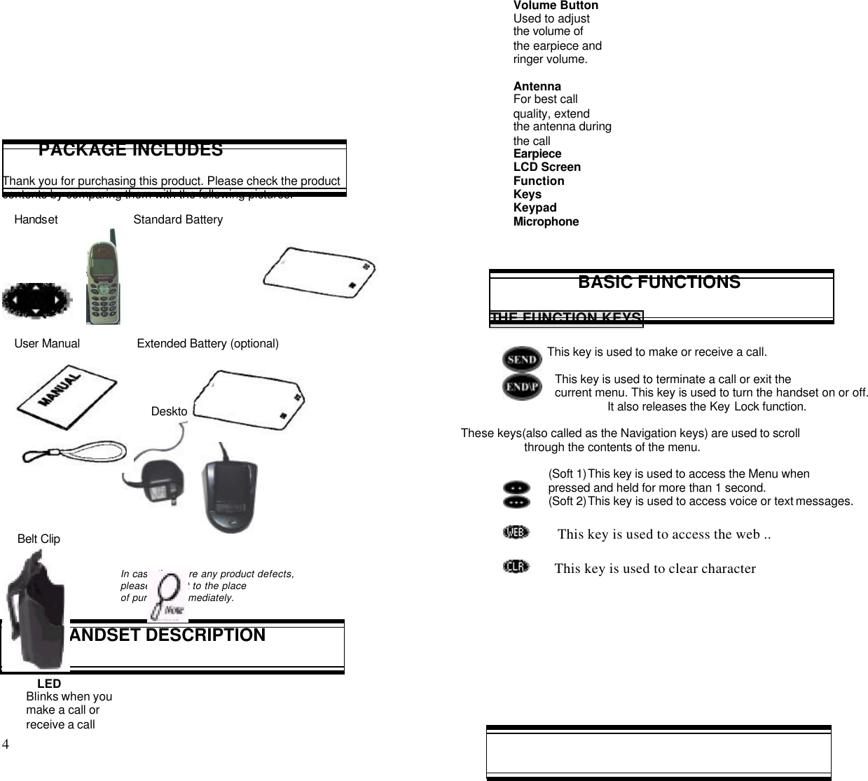 4                                                                                                     PACKAGE INCLUDESThank you for purchasing this product. Please check the productcontents by comparing them with the following pictures.Handset                       Standard BatteryUser Manual                 Extended Battery (optional)Handstrap                         Desktop Charger                                  Belt Clip                                         In case there are any product defects,                                         please report it to the place                                         of purchase immediately.HANDSET DESCRIPTIONLEDBlinks when youmake a call orreceive a callVolume ButtonUsed to adjustthe volume ofthe earpiece andringer volume.AntennaFor best callquality, extendthe antenna duringthe callEarpieceLCD ScreenFunctionKeysKeypadMicrophoneBASIC FUNCTIONSTHE FUNCTION KEYS                This key is used to make or receive a call.                    This key is used to terminate a call or exit the                    current menu. This key is used to turn the handset on or off.It also releases the Key Lock function.These keys(also called as the Navigation keys) are used to scrollthrough the contents of the menu.                  (Soft 1)This key is used to access the Menu when                  pressed and held for more than 1 second.                  (Soft 2)This key is used to access voice or text messages.        This key is used to access the web ..       This key is used to clear character