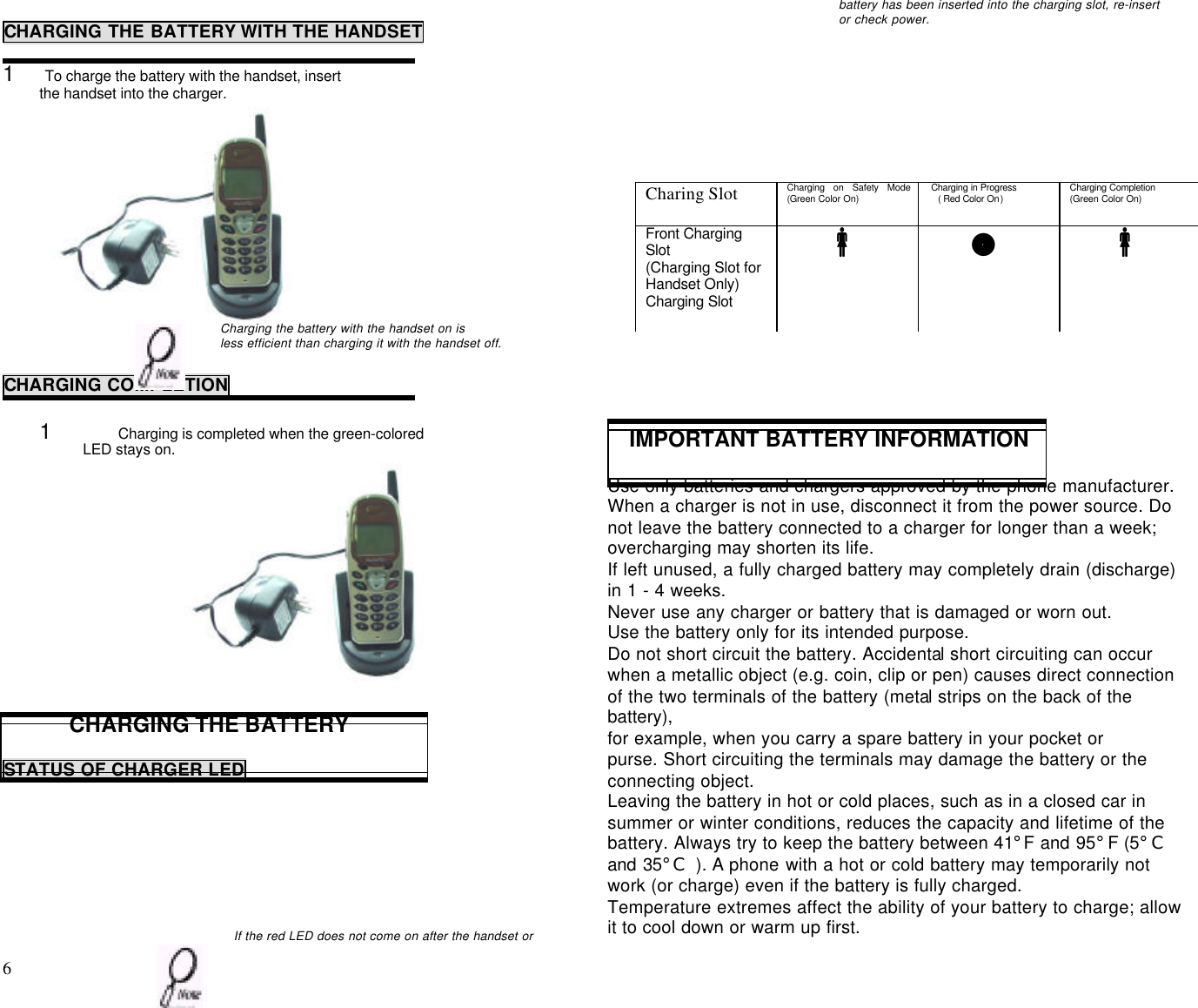 6                                                                                          CHARGING THE BATTERY WITH THE HANDSET1     To charge the battery with the handset, insert         the handset into the charger.               Charging the battery with the handset on isless efficient than charging it with the handset off.CHARGING COMPLETION1 Charging is completed when the green-coloredLED stays on.                           CHARGING THE BATTERYSTATUS OF CHARGER LEDIf the red LED does not come on after the handset orbattery has been inserted into the charging slot, re-insertor check power.IMPORTANT BATTERY INFORMATIONUse only batteries and chargers approved by the phone manufacturer.When a charger is not in use, disconnect it from the power source. Donot leave the battery connected to a charger for longer than a week;overcharging may shorten its life.If left unused, a fully charged battery may completely drain (discharge)in 1 - 4 weeks.Never use any charger or battery that is damaged or worn out.Use the battery only for its intended purpose.Do not short circuit the battery. Accidental short circuiting can occurwhen a metallic object (e.g. coin, clip or pen) causes direct connectionof the two terminals of the battery (metal strips on the back of thebattery),for example, when you carry a spare battery in your pocket orpurse. Short circuiting the terminals may damage the battery or theconnecting object.Leaving the battery in hot or cold places, such as in a closed car insummer or winter conditions, reduces the capacity and lifetime of thebattery. Always try to keep the battery between 41°F and 95°F (5°Cand 35°C ). A phone with a hot or cold battery may temporarily notwork (or charge) even if the battery is fully charged.Temperature extremes affect the ability of your battery to charge; allowit to cool down or warm up first.Charing Slot Charging on Safety Mode(Green Color On)  Charging in Progress( Red Color On)Charging Completion(Green Color On)Front ChargingSlot(Charging Slot forHandset Only)Charging Slot•n•