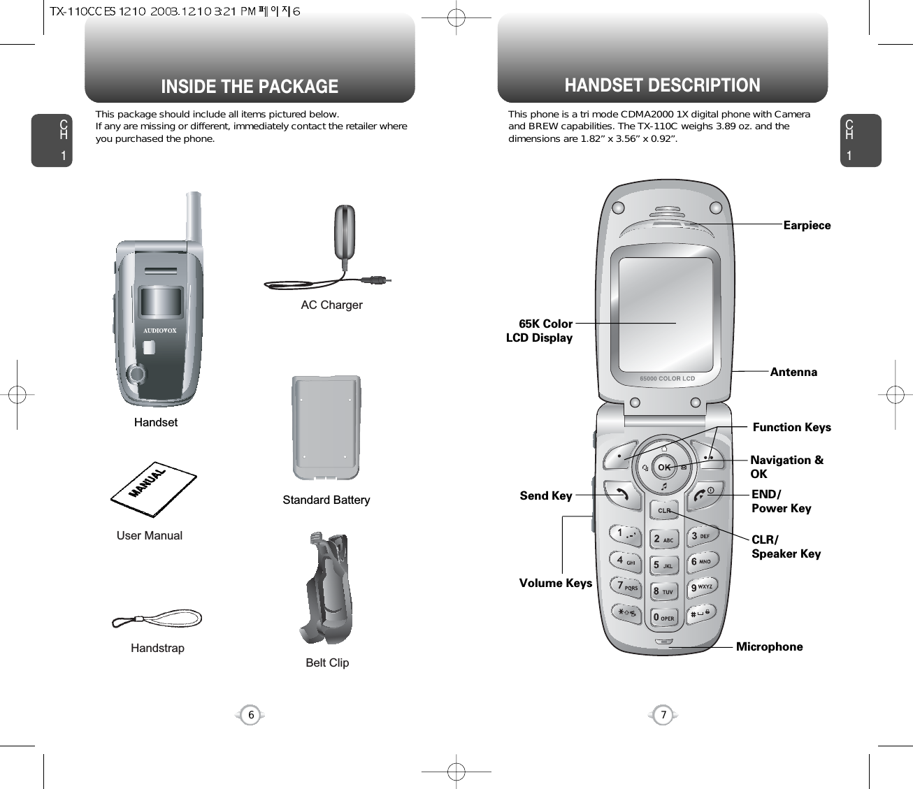 HANDSET DESCRIPTIONCH1This package should include all items pictured below. If any are missing or different, immediately contact the retailer whereyou purchased the phone.7INSIDE THE PACKAGECH16This phone is a tri mode CDMA2000 1X digital phone with Cameraand BREW capabilities. The TX-110C weighs 3.89 oz. and thedimensions are 1.82” x 3.56” x 0.92”.AntennaVolume Keys65K ColorLCD DisplayFunction KeysSend Key END/Power KeyMicrophoneEarpieceCLR/Speaker KeyNavigation &amp;OKBelt ClipUser ManualAC ChargerHandstrapHandsetStandard Battery