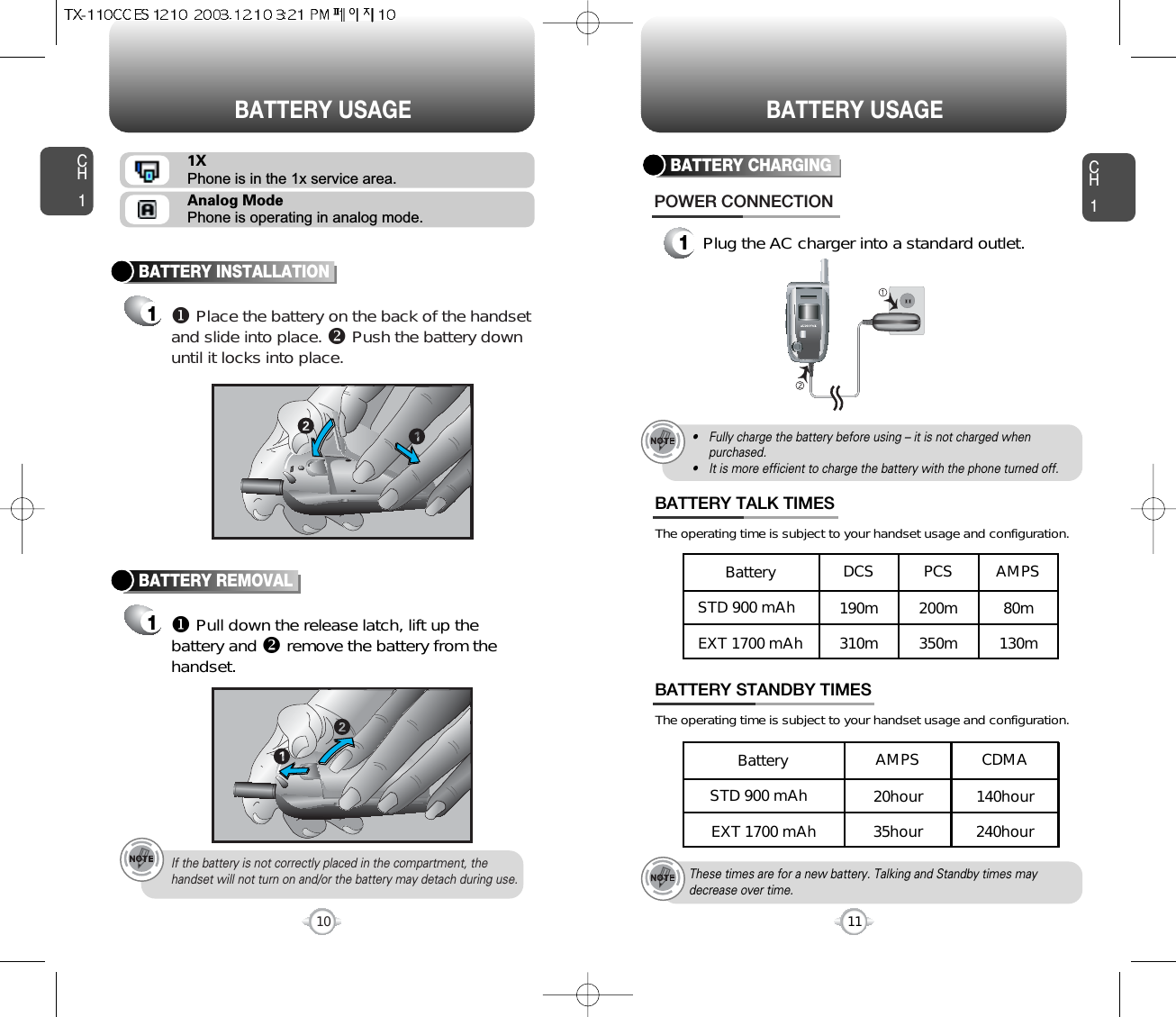 CH11Plug the AC charger into a standard outlet.BATTERY CHARGINGPOWER CONNECTION11CH1BATTERY INSTALLATION1uPlace the battery on the back of the handsetand slide into place. vPush the battery downuntil it locks into place.BATTERY REMOVAL1uPull down the release latch, lift up thebattery and vremove the battery from thehandset.If the battery is not correctly placed in the compartment, thehandset will not turn on and/or the battery may detach during use.10BATTERY USAGE BATTERY USAGE• Fully charge the battery before using – it is not charged whenpurchased.• It is more efficient to charge the battery with the phone turned off.These times are for a new battery. Talking and Standby times maydecrease over time.1XPhone is in the 1x service area.Analog ModePhone is operating in analog mode.DCS PCS AMPS190m 200m 80m310m 350m 130mSTD 900 mAhBatteryEXT 1700 mAhBATTERY TALK TIMESThe operating time is subject to your handset usage and configuration.AMPS CDMA20hour 140hour35hour 240hourSTD 900 mAhBatteryEXT 1700 mAhBATTERY STANDBY TIMESThe operating time is subject to your handset usage and configuration.