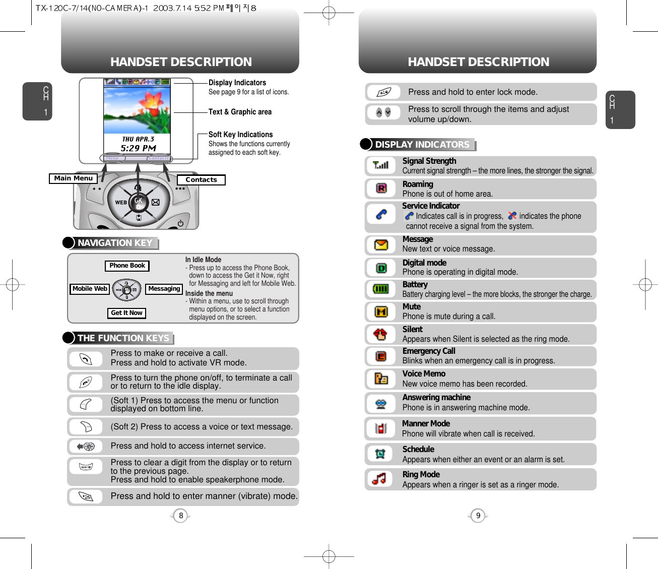 CH1DISPLAY INDICATORS9CH1THE FUNCTION KEYSNAVIGATION KEY8Press to make or receive a call.Press and hold to activate VR mode.Press and hold to access internet service.Press to clear a digit from the display or to returnto the previous page.  Press and hold to enable speakerphone mode.Press and hold to enter lock mode.Press to scroll through the items and adjustvolume up/down.Press and hold to enter manner (vibrate) mode.Press to turn the phone on/off, to terminate a callor to return to the idle display.Signal StrengthCurrent signal strength – the more lines, the stronger the signal.Service IndicatorIndicates call is in progress,        indicates the phonecannot receive a signal from the system.BatteryBattery charging level – the more blocks, the stronger the charge.RoamingPhone is out of home area.MessageNew text or voice message.Digital modePhone is operating in digital mode.MutePhone is mute during a call.SilentAppears when Silent is selected as the ring mode.Emergency CallBlinks when an emergency call is in progress.Voice MemoNew voice memo has been recorded.In Idle Mode- Press up to access the Phone Book,down to access the Get it Now, rightfor Messaging and left for Mobile Web.Inside the menu- Within a menu, use to scroll throughmenu options, or to select a functiondisplayed on the screen.(Soft 1) Press to access the menu or functiondisplayed on bottom line.(Soft 2) Press to access a voice or text message.HANDSET DESCRIPTION HANDSET DESCRIPTIONDisplay IndicatorsSee page 9 for a list of icons.Soft Key IndicationsShows the functions currentlyassigned to each soft key.Text &amp; Graphic areaMain MenuGet It NowMessagingMobile WebPhone BookContactsAnswering machinePhone is in answering machine mode.Manner ModePhone will vibrate when call is received.ScheduleAppears when either an event or an alarm is set.Ring ModeAppears when a ringer is set as a ringer mode.