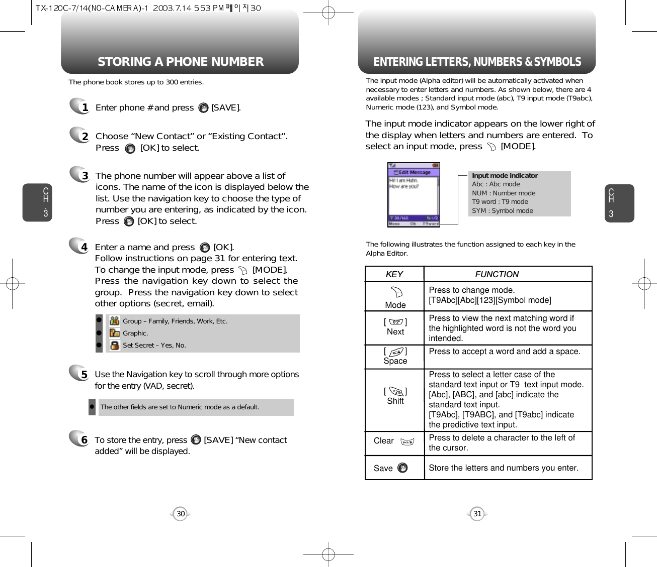 Enter a name and press       [OK]. Follow instructions on page 31 for entering text.To change the input mode, press       [MODE]. Press the navigation key down to select thegroup.  Press the navigation key down to selectother options (secret, email).Input mode indicatorAbc : Abc modeNUM : Number modeT9 word : T9 modeSYM : Symbol modeSTORING A PHONE NUMBERENTERING LETTERS, NUMBERS &amp; SYMBOLSCH3The input mode (Alpha editor) will be automatically activated whennecessary to enter letters and numbers. As shown below, there are 4available modes ; Standard input mode (abc), T9 input mode (T9abc),Numeric mode (123), and Symbol mode.The following illustrates the function assigned to each key in theAlpha Editor.31CH.3The phone book stores up to 300 entries.1Enter phone # and press       [SAVE].2Choose “New Contact” or “Existing Contact”.Press        [OK] to select.The input mode indicator appears on the lower right ofthe display when letters and numbers are entered.  Toselect an input mode, press       [MODE].3The phone number will appear above a list oficons. The name of the icon is displayed below thelist. Use the navigation key to choose the type ofnumber you are entering, as indicated by the icon. Press       [OK] to select.45Use the Navigation key to scroll through more optionsfor the entry (VAD, secret).6To store the entry, press       [SAVE] “New contactadded” will be displayed.30Mode[        ]Next[        ]Space[        ]ShiftClearSavePress to change mode.[T9Abc][Abc][123][Symbol mode]Press to view the next matching word ifthe highlighted word is not the word youintended.Press to accept a word and add a space.Press to select a letter case of thestandard text input or T9  text input mode.[Abc], [ABC], and [abc] indicate thestandard text input.[T9Abc], [T9ABC], and [T9abc] indicatethe predictive text input.Press to delete a character to the left ofthe cursor.Store the letters and numbers you enter.KEY                               FUNCTIONGroup – Family, Friends, Work, Etc.Graphic.Set Secret – Yes, No.lllThe other fields are set to Numeric mode as a default.l