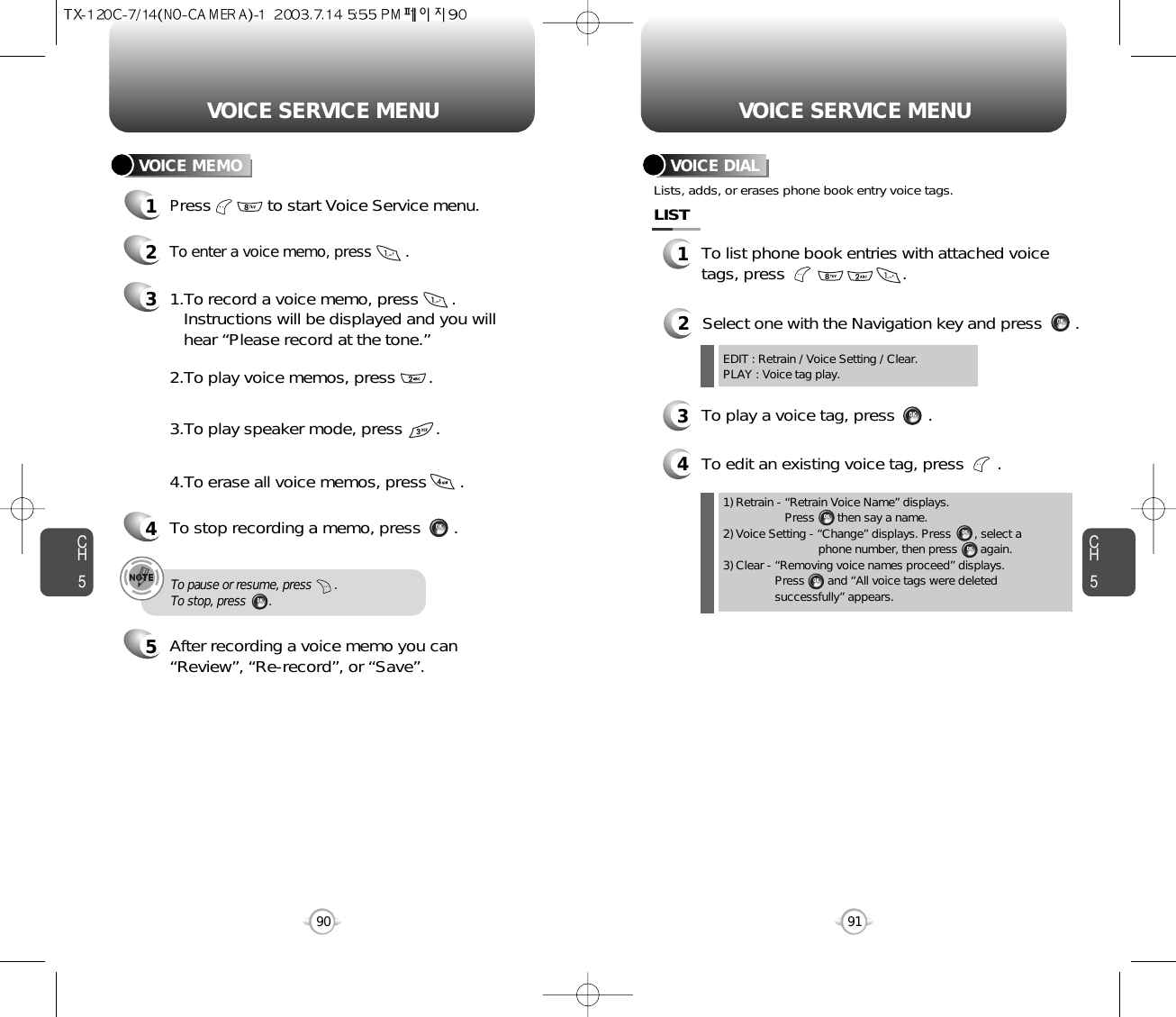 CH590VOICE SERVICE MENUCH591VOICE SERVICE MENU1Press            to start Voice Service menu.2To enter a voice memo, press        .31.To record a voice memo, press       .  Instructions will be displayed and you will  hear “Please record at the tone.”4To stop recording a memo, press       .5After recording a voice memo you can“Review”, “Re-record”, or “Save”.To pause or resume, press       . To stop, press       .2.To play voice memos, press       .3.To play speaker mode, press       .4.To erase all voice memos, press       .VOICE MEMO VOICE DIALTo edit an existing voice tag, press       .1To list phone book entries with attached voicetags, press                         .2Select one with the Navigation key and press       .3To play a voice tag, press       .4EDIT : Retrain / Voice Setting / Clear.PLAY : Voice tag play.1) Retrain - “Retrain Voice Name” displays. Press       then say a name.2) Voice Setting - “Change” displays. Press       , select a phone number, then press       again.3) Clear - “Removing voice names proceed” displays. Press       and “All voice tags were deletedsuccessfully” appears.Lists, adds, or erases phone book entry voice tags.LIST