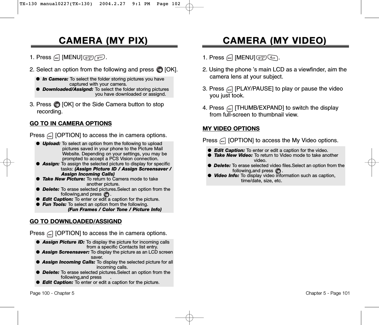 1. Press      [MENU]             .2. Select an option from the following and press [OK].3. Press [OK] or the Side Camera button to stop recording.GO TO IN CAMERA OPTIONSPress [OPTION] to access the in camera options.GO TO DOWNLOADED/ASSIGNDPress [OPTION] to access the in camera options.CAMERA (CAMERA (MY PIX)MY PIX)Page 100 - Chapter 5CAMERA (MY VIDEO)CAMERA (MY VIDEO)Chapter 5 - Page 1011. Press      [MENU]             .2. Using the phone ’s main LCD as a viewfinder, aim the camera lens at your subject.3. Press [PLAY/PAUSE] to play or pause the video you just took.4. Press [THUMB/EXPAND] to switch the display from full-screen to thumbnail view.MY VIDEO OPTIONSPress [OPTION] to access the My Video options.●  Edit Caption: To enter or edit a caption for the video.●  Take New Video: To return to Video mode to take another video.●  Delete: To erase selected video files.Select an option from thefollowing,and press      .●  Video Info: To display video information such as caption,time/date, size, etc.●  In Camera: To select the folder storing pictures you havecaptured with your camera.●  Downloaded/Assignd: To select the folder storing picturesyou have downloaded or assignd.●  Upload: To select an option from the following to upload pictures saved in your phone to the Picture Mail Website. Depending on your settings, you may be prompted to accept a PCS Vision connection.●  Assign: To assign the selected picture to display for specific tasks: (Assign Picture ID / Assign Screensaver / Assign Incoming Calls)●  Take New Picture: To return to Camera mode to take another picture.●  Delete: To erase selected pictures.Select an option from thefollowing,and press      .●  Edit Caption: To enter or edit a caption for the picture.●  Fun Tools: To select an option from the following. (Fun Frames / Color Tone / Picture Info)●  Assign Picture ID: To display the picture for incoming calls from a specific Contacts list entry.●  Assign Screensaver: To display the picture as an LCD screensaver.●  Assign Incoming Calls: To display the selected picture for allincoming calls.●  Delete: To erase selected pictures.Select an option from thefollowing,and press      .●  Edit Caption: To enter or edit a caption for the picture.TX-130 manual0227(TX-130)  2004.2.27  9:1 PM  Page 102