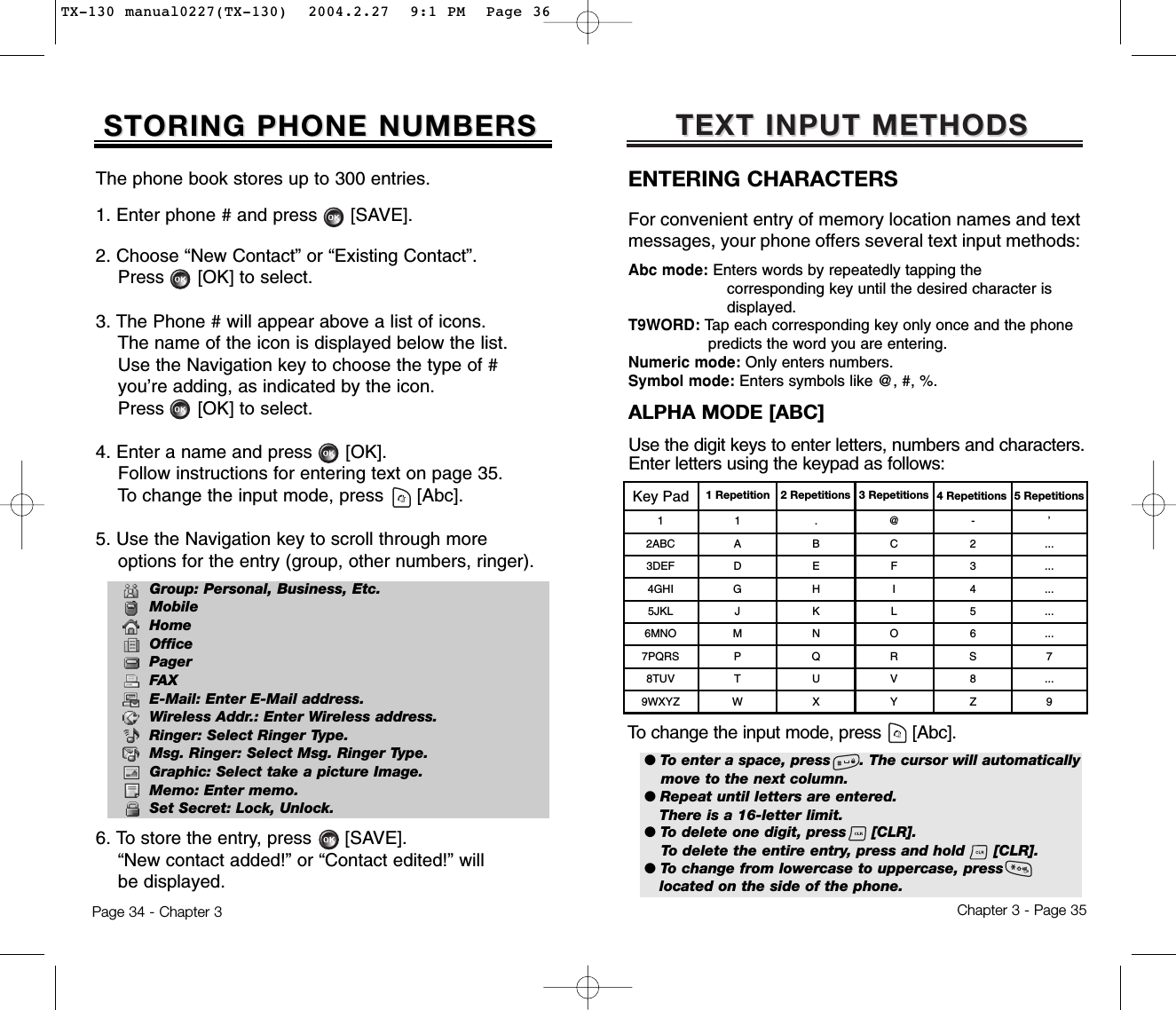 TEXT INPUT METHODSTEXT INPUT METHODSENTERING CHARACTERS For convenient entry of memory location names and textmessages, your phone offers several text input methods:Abc mode: Enters words by repeatedly tapping the corresponding key until the desired character is displayed.T9WORD: Tap each corresponding key only once and the phone predicts the word you are entering.Numeric mode: Only enters numbers.Symbol mode: Enters symbols like @, #, %.Chapter 3 - Page 35STORING PHONE NUMBERSSTORING PHONE NUMBERSPage 34 - Chapter 3The phone book stores up to 300 entries.1. Enter phone # and press      [SAVE].2. Choose “New Contact” or “Existing Contact”.Press [OK] to select.3. The Phone # will appear above a list of icons.The name of the icon is displayed below the list.Use the Navigation key to choose the type of #you’re adding, as indicated by the icon.Press [OK] to select.4. Enter a name and press [OK].Follow instructions for entering text on page 35.To change the input mode, press [Abc].5. Use the Navigation key to scroll through moreoptions for the entry (group, other numbers, ringer).6. To store the entry, press [SAVE].“New contact added!” or “Contact edited!” willbe displayed.Group: Personal, Business, Etc.MobileHomeOfficePagerFAXE-Mail: Enter E-Mail address.Wireless Addr.: Enter Wireless address.Ringer: Select Ringer Type.Msg. Ringer: Select Msg. Ringer Type.Graphic: Select take a picture Image.Memo: Enter memo.Set Secret: Lock, Unlock.ALPHA MODE [ABC]Use the digit keys to enter letters, numbers and characters.Enter letters using the keypad as follows:● To enter a space, press      . The cursor will automaticallymove to the next column.● Repeat until letters are entered. There is a 16-letter limit.● To delete one digit, press     [CLR]. To delete the entire entry, press and hold     [CLR].● To change from lowercase to uppercase, press        located on the side of the phone.Key Pad 1 Repetition1ADGJMPTW12ABC3DEF4GHI5JKL6MNO7PQRS8TUV9WXYZ.BEHKNQUX@CFILORVY-23456S8Z’...............7...92 Repetitions 3 Repetitions 4 Repetitions 5 RepetitionsTo change the input mode, press      [Abc].TX-130 manual0227(TX-130)  2004.2.27  9:1 PM  Page 36