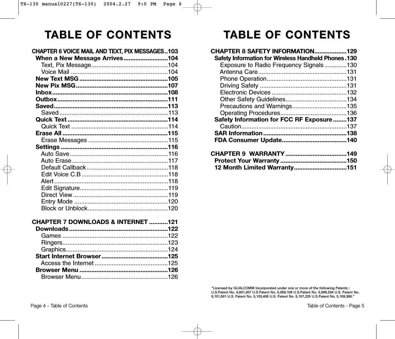 TTABLE OF CONTENTS ABLE OF CONTENTS TTABLE OF CONTENTS ABLE OF CONTENTS CHAPTER 8 SAFETY INFORMATION...................129Safety Information for Wireless Handheld Phones.130Exposure to Radio Frequency Signals .............130Antenna Care....................................................131Phone Operation...............................................131Driving Safety ...................................................131Electronic Devices ............................................132Other Safety Guidelines....................................134Precautions and Warnings................................135Operating Procedures.......................................136Safety Information for FCC RF Exposure........137Caution..............................................................137SAR Information .................................................138FDA Consumer Update......................................140CHAPTER 9  WARRANTY ....................................149Protect Your Warranty .......................................15012 Month Limited Warranty...............................151Page 4 - Table of ContentsCHAPTER 6 VOICE MAIL AND TEXT, PIX MESSAGES..103When a New Message Arrives..........................104Text, Pix Message.............................................104Voice Mail .........................................................104New Text MSG ....................................................105New Pix MSG......................................................107Inbox....................................................................108Outbox.................................................................111Saved...................................................................113Saved ................................................................113Quick Text ...........................................................114Quick Text .........................................................114Erase All ..............................................................115Erase Messages ...............................................115Settings ...............................................................116Auto Save..........................................................116Auto Erase.........................................................117Default Callback ................................................118Edit Voice C.B ...................................................118Alert ...................................................................118Edit Signature....................................................119Direct View ........................................................119Entry Mode .......................................................120Block or Unblock...............................................120CHAPTER 7 DOWNLOADS &amp; INTERNET ...........121Downloads ..........................................................122Games ..............................................................122Ringers..............................................................123Graphics............................................................124Start Internet Browser.......................................125Access the Internet ...........................................125Browser Menu ....................................................126Browser Menu...................................................126Table of Contents - Page 5“Licensed by QUALCOMM Incorporated under one or more of the following Patents :U.S.Patent No. 4,901,307 U.S.Patent No. 5,056,109 U.S.Patent No. 5,099,204 U.S. Patent No.5,101,501 U.S. Patent No. 5,103,459 U.S. Patent No. 5,107,225 U.S.Patent No. 5,109,390.” TX-130 manual0227(TX-130)  2004.2.27  9:0 PM  Page 6