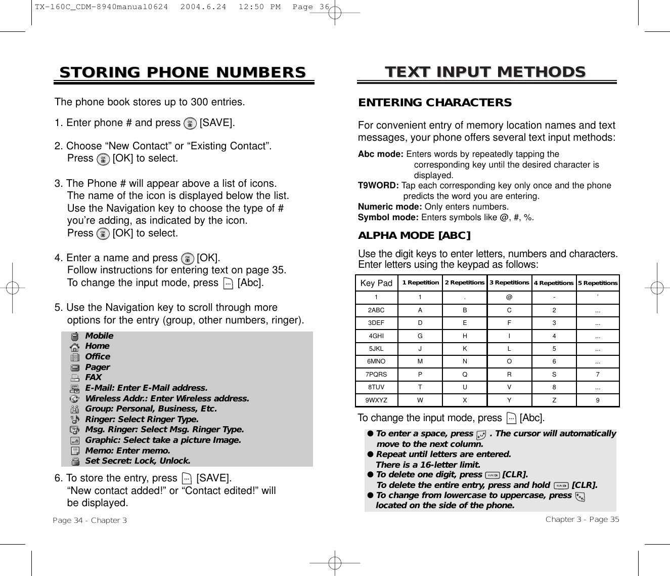 TEXT INPUT METHODSTEXT INPUT METHODSENTERING CHARACTERS For convenient entry of memory location names and textmessages, your phone offers several text input methods:Abc mode: Enters words by repeatedly tapping the corresponding key until the desired character is displayed.T9WORD: Tap each corresponding key only once and the phone predicts the word you are entering.Numeric mode: Only enters numbers.Symbol mode: Enters symbols like @, #, %.Chapter 3 - Page 35STORING PHONE NUMBERSSTORING PHONE NUMBERSPage 34 - Chapter 3The phone book stores up to 300 entries.1. Enter phone # and press      [SAVE].2. Choose “New Contact” or “Existing Contact”.Press [OK] to select.3. The Phone # will appear above a list of icons.The name of the icon is displayed below the list.Use the Navigation key to choose the type of #you’re adding, as indicated by the icon.Press [OK] to select.4. Enter a name and press [OK].Follow instructions for entering text on page 35.To change the input mode, press [Abc].5. Use the Navigation key to scroll through moreoptions for the entry (group, other numbers, ringer).6. To store the entry, press [SAVE].“New contact added!” or “Contact edited!” willbe displayed.MobileHomeOfficePagerFAXE-Mail: Enter E-Mail address.Wireless Addr.: Enter Wireless address.Group: Personal, Business, Etc.Ringer: Select Ringer Type.Msg. Ringer: Select Msg. Ringer Type.Graphic: Select take a picture Image.Memo: Enter memo.Set Secret: Lock, Unlock.ALPHA MODE [ABC]Use the digit keys to enter letters, numbers and characters.Enter letters using the keypad as follows:● To enter a space, press      . The cursor will automaticallymove to the next column.● Repeat until letters are entered. There is a 16-letter limit.● To delete one digit, press       [CLR]. To delete the entire entry, press and hold       [CLR].● To change from lowercase to uppercase, press        located on the side of the phone.Key Pad 1 Repetition1ADGJMPTW12ABC3DEF4GHI5JKL6MNO7PQRS8TUV9WXYZ.BEHKNQUX@CFILORVY-23456S8Z’...............7...92 Repetitions 3 Repetitions 4 Repetitions 5 RepetitionsTo change the input mode, press      [Abc].TX-160C_CDM-8940manual0624  2004.6.24  12:50 PM  Page 36