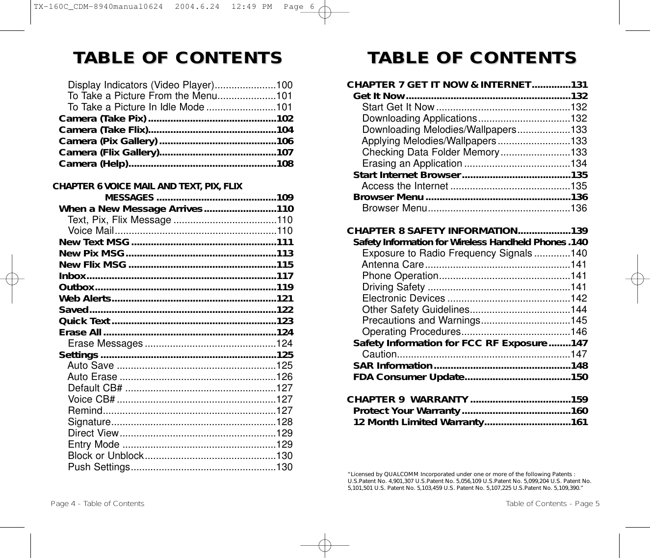 TTABLE OF CONTENTS ABLE OF CONTENTS TTABLE OF CONTENTS ABLE OF CONTENTS CHAPTER 7 GET IT NOW &amp; INTERNET..............131Get It Now...........................................................132Start Get It Now................................................132Downloading Applications.................................132Downloading Melodies/Wallpapers...................133Applying Melodies/Wallpapers..........................133Checking Data Folder Memory.........................133Erasing an Application ......................................134Start Internet Browser.......................................135Access the Internet ...........................................135Browser Menu....................................................136Browser Menu...................................................136CHAPTER 8 SAFETY INFORMATION...................139Safety Information for Wireless Handheld Phones.140Exposure to Radio Frequency Signals .............140Antenna Care....................................................141Phone Operation...............................................141Driving Safety ...................................................141Electronic Devices ............................................142Other Safety Guidelines....................................144Precautions and Warnings................................145Operating Procedures.......................................146Safety Information for FCC RF Exposure........147Caution..............................................................147SAR Information.................................................148FDA Consumer Update......................................150CHAPTER 9  WARRANTY....................................159Protect Your Warranty.......................................16012 Month Limited Warranty...............................161Page 4 - Table of ContentsDisplay Indicators (Video Player)......................100To Take a Picture From the Menu.....................101To Take a Picture In Idle Mode .........................101Camera (Take Pix)..............................................102Camera (Take Flix)..............................................104Camera (Pix Gallery)..........................................106Camera (Flix Gallery)..........................................107Camera (Help).....................................................108CHAPTER 6 VOICE MAIL AND TEXT, PIX, FLIX MESSAGES...........................................109When a New Message Arrives..........................110Text, Pix, Flix Message .....................................110Voice Mail..........................................................110New Text MSG....................................................111New Pix MSG......................................................113New Flix MSG.....................................................115Inbox....................................................................117Outbox.................................................................119Web Alerts...........................................................121Saved...................................................................122Quick Text...........................................................123Erase All..............................................................124Erase Messages ...............................................124Settings...............................................................125Auto Save .........................................................125Auto Erase ........................................................126Default CB# ......................................................127Voice CB# .........................................................127Remind..............................................................127Signature...........................................................128Direct View........................................................129Entry Mode .......................................................129Block or Unblock...............................................130Push Settings....................................................130Table of Contents - Page 5“Licensed by QUALCOMM Incorporated under one or more of the following Patents :U.S.Patent No. 4,901,307 U.S.Patent No. 5,056,109 U.S.Patent No. 5,099,204 U.S. Patent No.5,101,501 U.S. Patent No. 5,103,459 U.S. Patent No. 5,107,225 U.S.Patent No. 5,109,390.” TX-160C_CDM-8940manual0624  2004.6.24  12:49 PM  Page 6