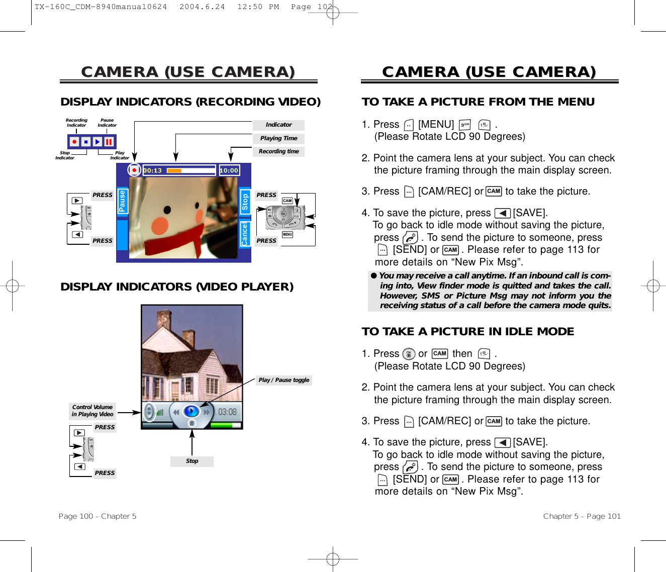 CAMERA (USE CAMERA)CAMERA (USE CAMERA)Page 100 - Chapter 5CAMERA (USE CAMERA)CAMERA (USE CAMERA)Chapter 5 - Page 101TO TAKE A PICTURE FROM THE MENU1. Press      [MENU]             . (Please Rotate LCD 90 Degrees)2. Point the camera lens at your subject. You can check  the picture framing through the main display screen.3. Press [CAM/REC] or  to take the picture.4. To save the picture, press [SAVE]. To go back to idle mode without saving the picture, press . To send the picture to someone, press [SEND] or  . Please refer to page 113 for more details on “New Pix Msg”.TO TAKE A PICTURE IN IDLE MODE1. Press      or        then       .(Please Rotate LCD 90 Degrees)2. Point the camera lens at your subject. You can check  the picture framing through the main display screen.3. Press [CAM/REC] or  to take the picture.4. To save the picture, press [SAVE]. To go back to idle mode without saving the picture, press . To send the picture to someone, press [SEND] or  . Please refer to page 113 for more details on “New Pix Msg”.DISPLAY INDICATORS (RECORDING VIDEO)DISPLAY INDICATORS (VIDEO PLAYER)CAM● You may receive a call anytime. If an inbound call is com-ing into, View finder mode is quitted and takes the call.However, SMS or Picture Msg may not inform you thereceiving status of a call before the camera mode quits.CAMCAMCAMCAMPlaying TimeIndicatorRecording Indicator PauseIndicatorStopIndicator PlayIndicatorRecording timePRESSPRESSPRESSPRESSMENUCAMControl Volume  in Playing VideoPlay / Pause toggleStopPRESSPRESSTX-160C_CDM-8940manual0624  2004.6.24  12:50 PM  Page 102