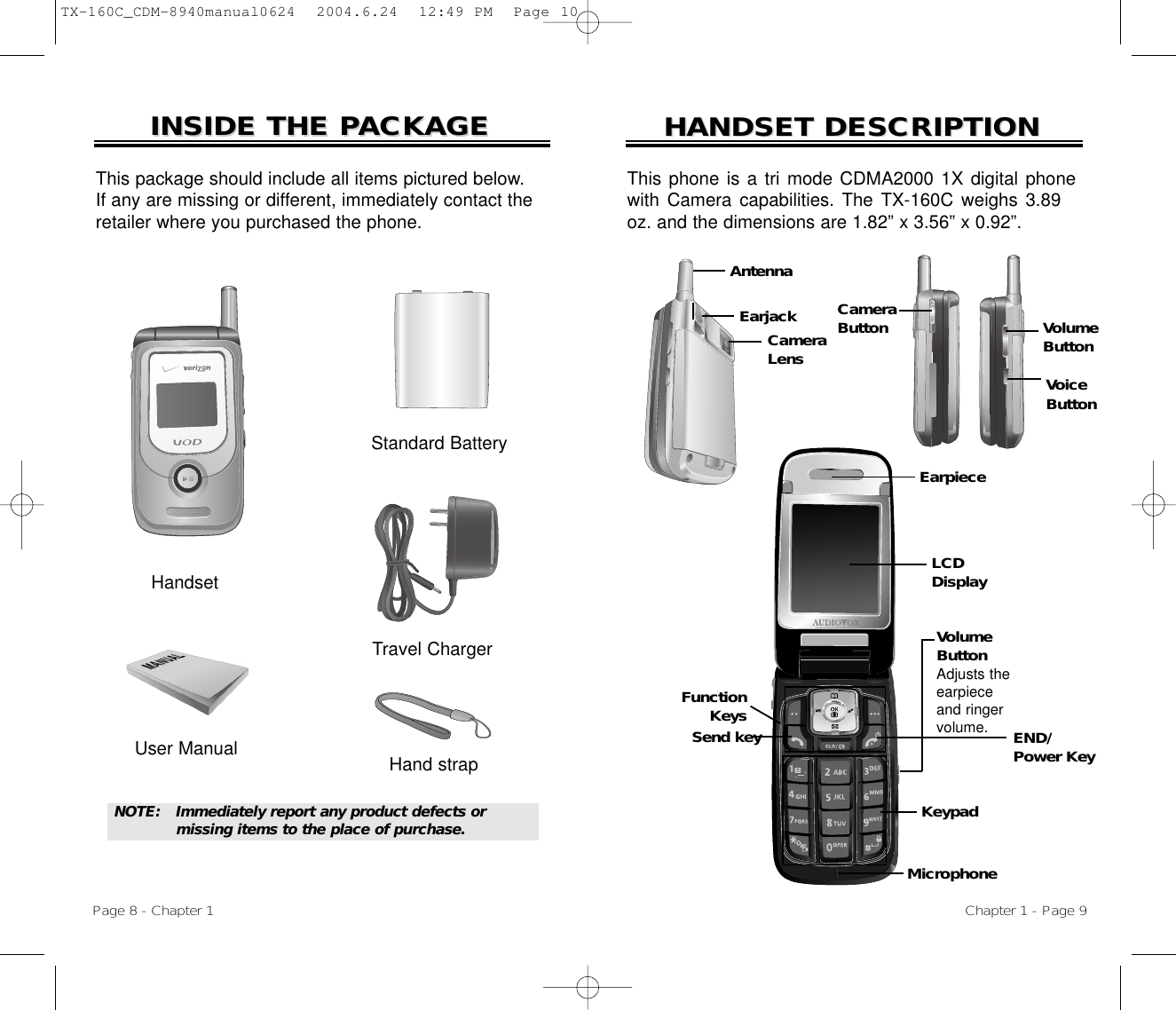 HANDSET DESCRIPTIONHANDSET DESCRIPTIONVolumeButtonAdjusts theearpieceand ringervolume.EarpieceFunctionKeysKeypadMicrophoneEND/Power KeySend keyThis phone is a tri mode CDMA2000 1X digital phonewith Camera capabilities. The TX-160C weighs 3.89oz. and the dimensions are 1.82” x 3.56” x 0.92”.Chapter 1 - Page 9INSIDE THE PINSIDE THE PACKAGEACKAGEThis package should include all items pictured below. If any are missing or different, immediately contact theretailer where you purchased the phone.NOTE: Immediately report any product defects or missing items to the place of purchase.User Manual Hand strapHandsetPage 8 - Chapter 1LCDDisplayTravel ChargerStandard BatteryEarjackCameraLensCameraButtonAntennaVoice ButtonVolumeButtonTX-160C_CDM-8940manual0624  2004.6.24  12:49 PM  Page 10