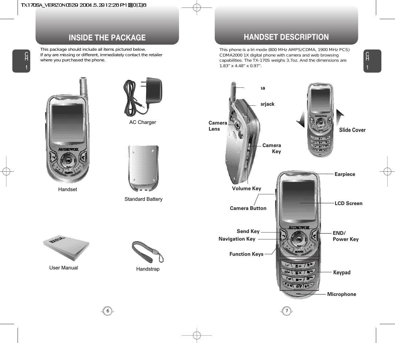 HANDSET DESCRIPTIONCH1This package should include all items pictured below. If any are missing or different, immediately contact the retailer where you purchased the phone.7INSIDE THE PACKAGECH16HandstrapUser ManualAC ChargerHandsetStandard BatteryAntennaEarjackVolume KeyLCD ScreenFunction KeysSend Key END/Power KeyMicrophoneEarpieceCameraLensCameraKeyNavigation KeyThis phone is a tri mode (800 MHz AMPS/CDMA, 1900 MHz PCS)CDMA2000 1X digital phone with camera and web browsingcapabilities. The TX-170S weighs 3.7oz. And the dimensions are1.83” x 4.48” x 0.97”.Camera ButtonKeypadSlide Cover