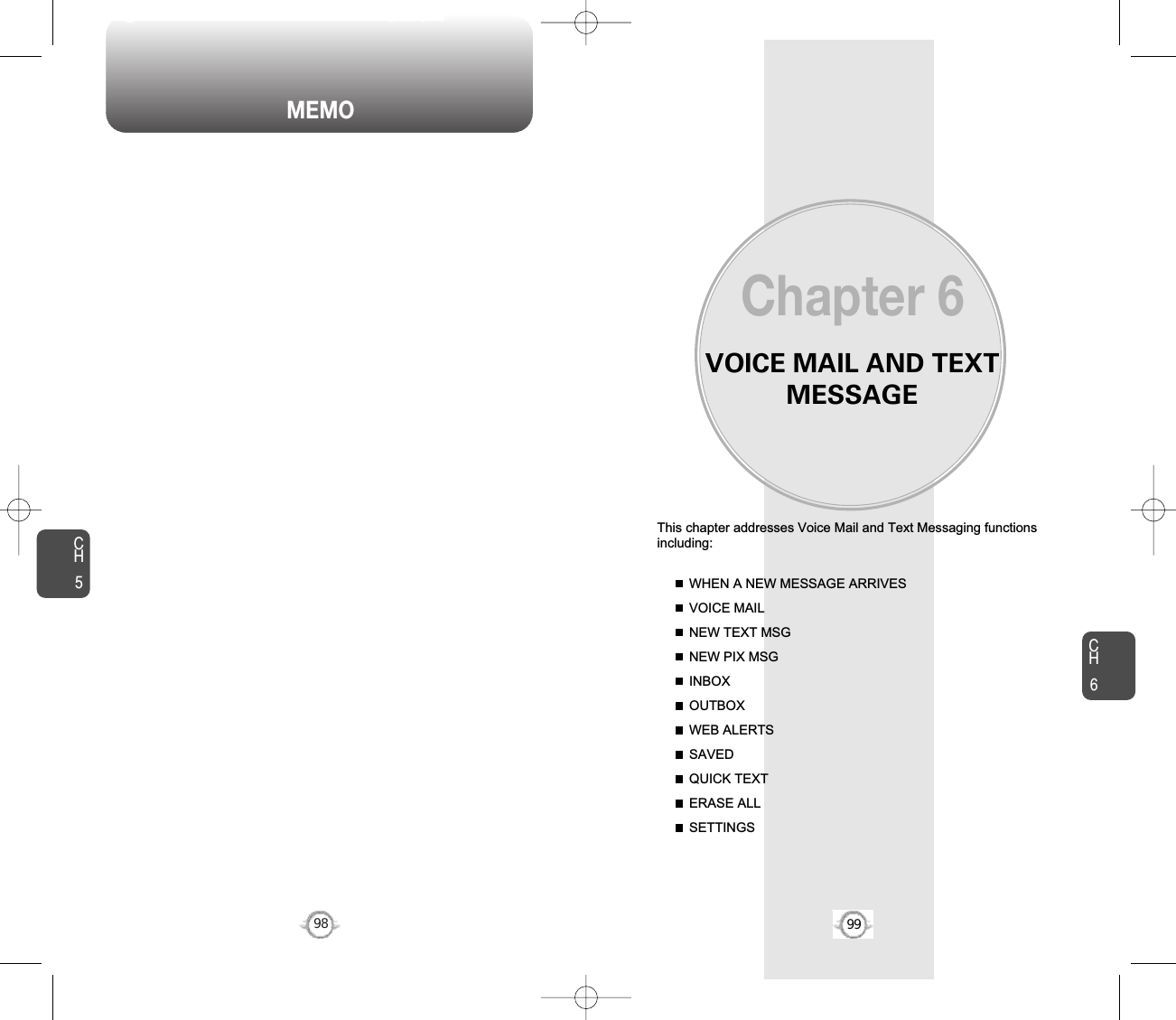 VOICE MAIL AND TEXTMESSAGEThis chapter addresses Voice Mail and Text Messaging functionsincluding: WHEN A NEW MESSAGE ARRIVESVOICE MAILNEW TEXT MSGNEW PIX MSGINBOXOUTBOXWEB ALERTSSAVEDQUICK TEXTERASE ALLSETTINGSChapter 69998CH699MEMOCH5