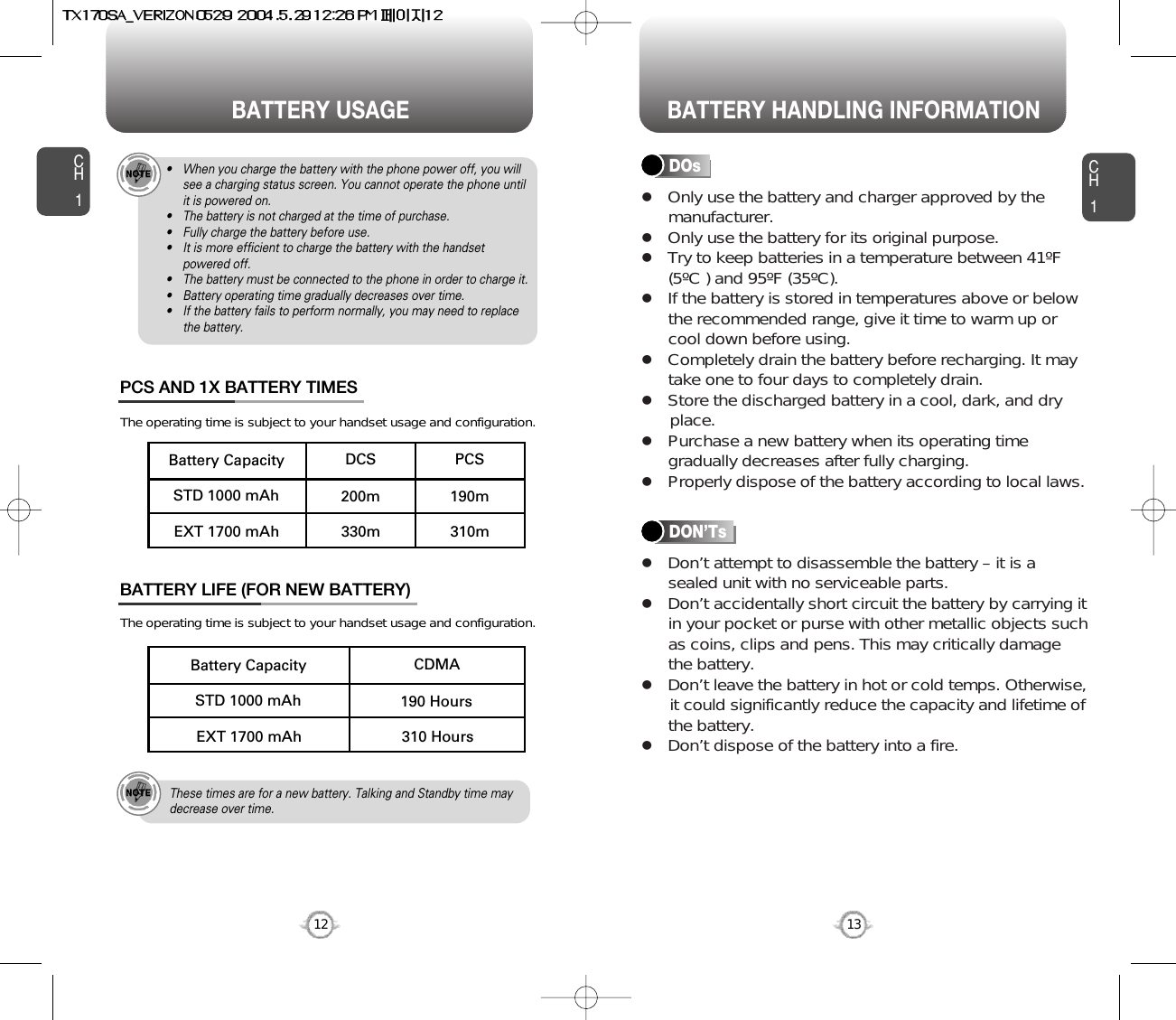 lOnly use the battery and charger approved by themanufacturer.lOnly use the battery for its original purpose.lTry to keep batteries in a temperature between 41ºF(5ºC ) and 95ºF (35ºC).lIf the battery is stored in temperatures above or belowthe recommended range, give it time to warm up orcool down before using.lCompletely drain the battery before recharging. It maytake one to four days to completely drain.lStore the discharged battery in a cool, dark, and dry place.lPurchase a new battery when its operating timegradually decreases after fully charging.lProperly dispose of the battery according to local laws.lDon’t attempt to disassemble the battery – it is asealed unit with no serviceable parts.lDon’t accidentally short circuit the battery by carrying itin your pocket or purse with other metallic objects suchas coins, clips and pens. This may critically damagethe battery.lDon’t leave the battery in hot or cold temps. Otherwise,it could significantly reduce the capacity and lifetime ofthe battery.lDon’t dispose of the battery into a fire.CH113CH112DOsBATTERY USAGE BATTERY HANDLING INFORMATIONDON’TsPCS190m310mDCS200m330mSTD 1000 mAhBattery CapacityEXT 1700 mAhCDMA190 Hours310 HoursSTD 1000 mAhBattery CapacityEXT 1700 mAhBATTERY LIFE (FOR NEW BATTERY)The operating time is subject to your handset usage and configuration.PCS AND 1X BATTERY TIMESThe operating time is subject to your handset usage and configuration.These times are for a new battery. Talking and Standby time maydecrease over time.• When you charge the battery with the phone power off, you willsee a charging status screen. You cannot operate the phone untilit is powered on.• The battery is not charged at the time of purchase.• Fully charge the battery before use.• It is more efficient to charge the battery with the handsetpowered off.• The battery must be connected to the phone in order to charge it.• Battery operating time gradually decreases over time.• If the battery fails to perform normally, you may need to replacethe battery.