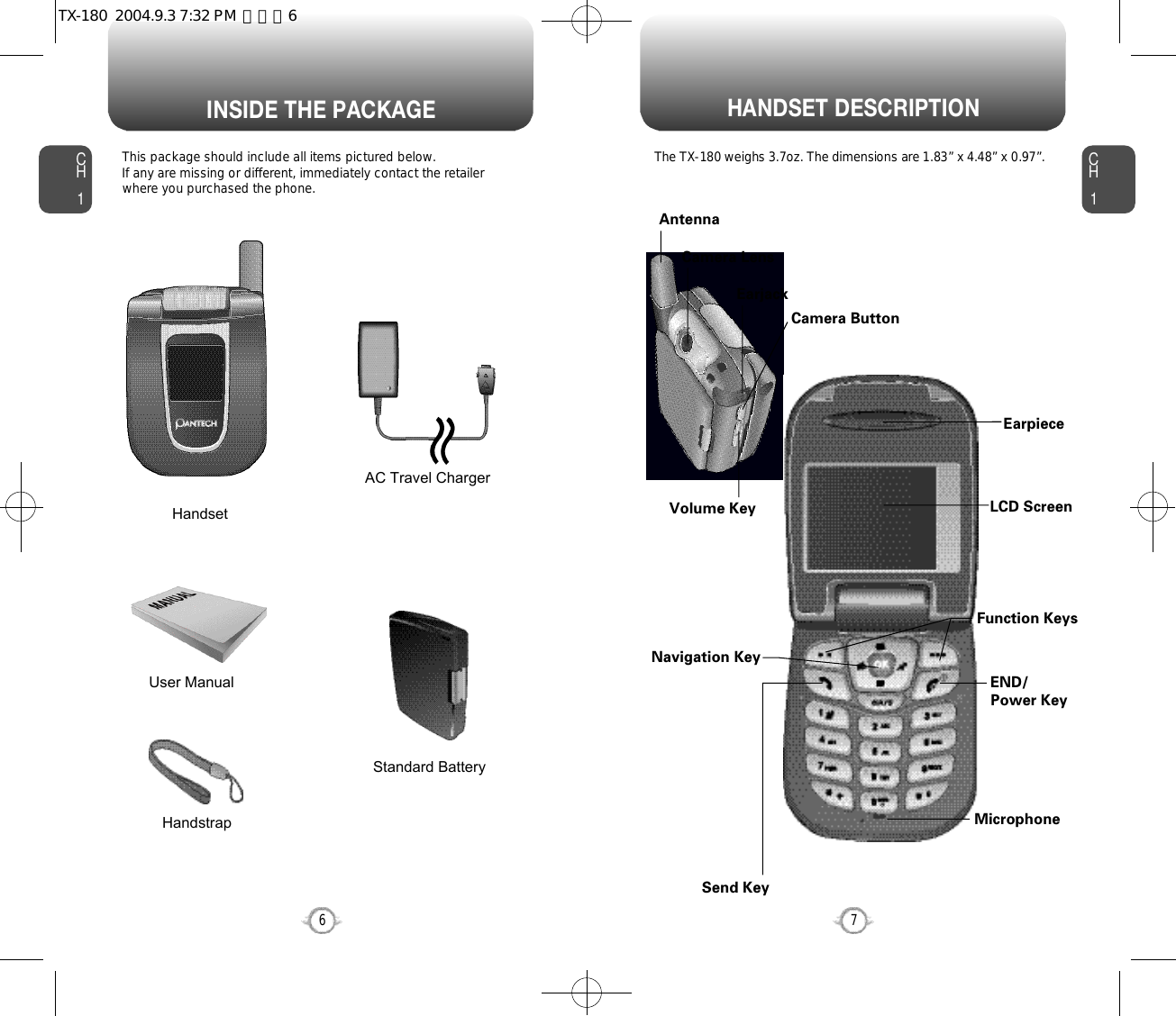 HANDSET DESCRIPTIONCH1This package should include all items pictured below. If any are missing or different, immediately contact the retailer where you purchased the phone.7INSIDE THE PACKAGECH16HandstrapUser ManualAC Travel ChargerHandsetStandard BatteryAntennaEarjackCamera ButtonVolume Key LCD ScreenFunction KeysSend KeyEND/Power KeyMicrophoneEarpieceNavigation KeyThe TX-180 weighs 3.7oz. The dimensions are 1.83” x 4.48” x 0.97”.Camera LensTX-180  2004.9.3 7:32 PM  페이지6