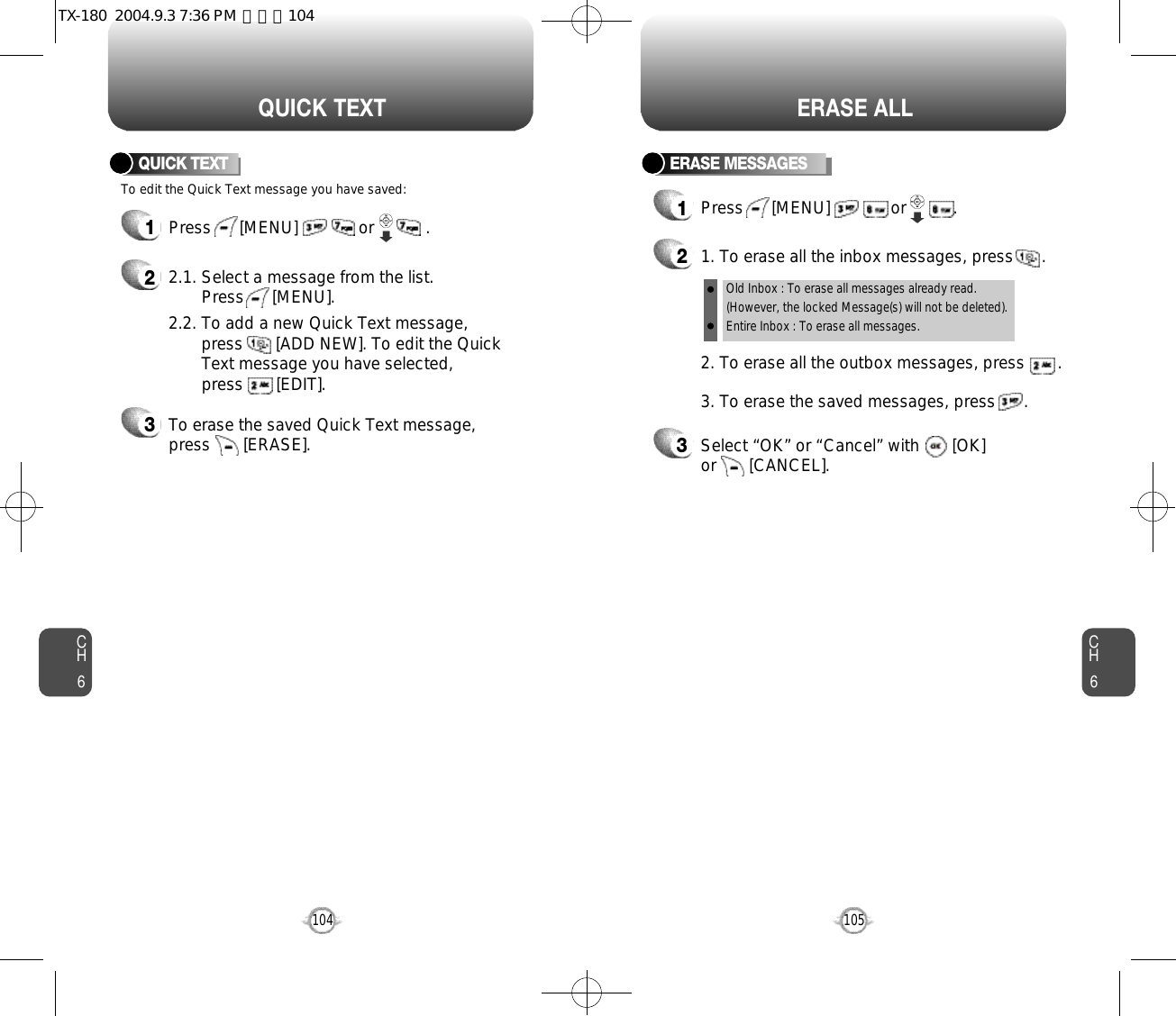 CH6105CH6104ERASE ALLQUICK TEXT1Press      [MENU]             or           .  To edit the Quick Text message you have saved:QUICK TEXT22.1. Select a message from the list. Press      [MENU].2.2. To add a new Quick Text message, press       [ADD NEW]. To edit the Quick Text message you have selected, press       [EDIT].3To erase the saved Quick Text message, press       [ERASE].ERASE MESSAGES1Press      [MENU]             or          . 21. To erase all the inbox messages, press      .3Select “OK” or “Cancel” with       [OK] or       [CANCEL].2. To erase all the outbox messages, press       .3. To erase the saved messages, press      .Old Inbox : To erase all messages already read.(However, the locked Message(s) will not be deleted).Entire Inbox : To erase all messages. TX-180  2004.9.3 7:36 PM  페이지104
