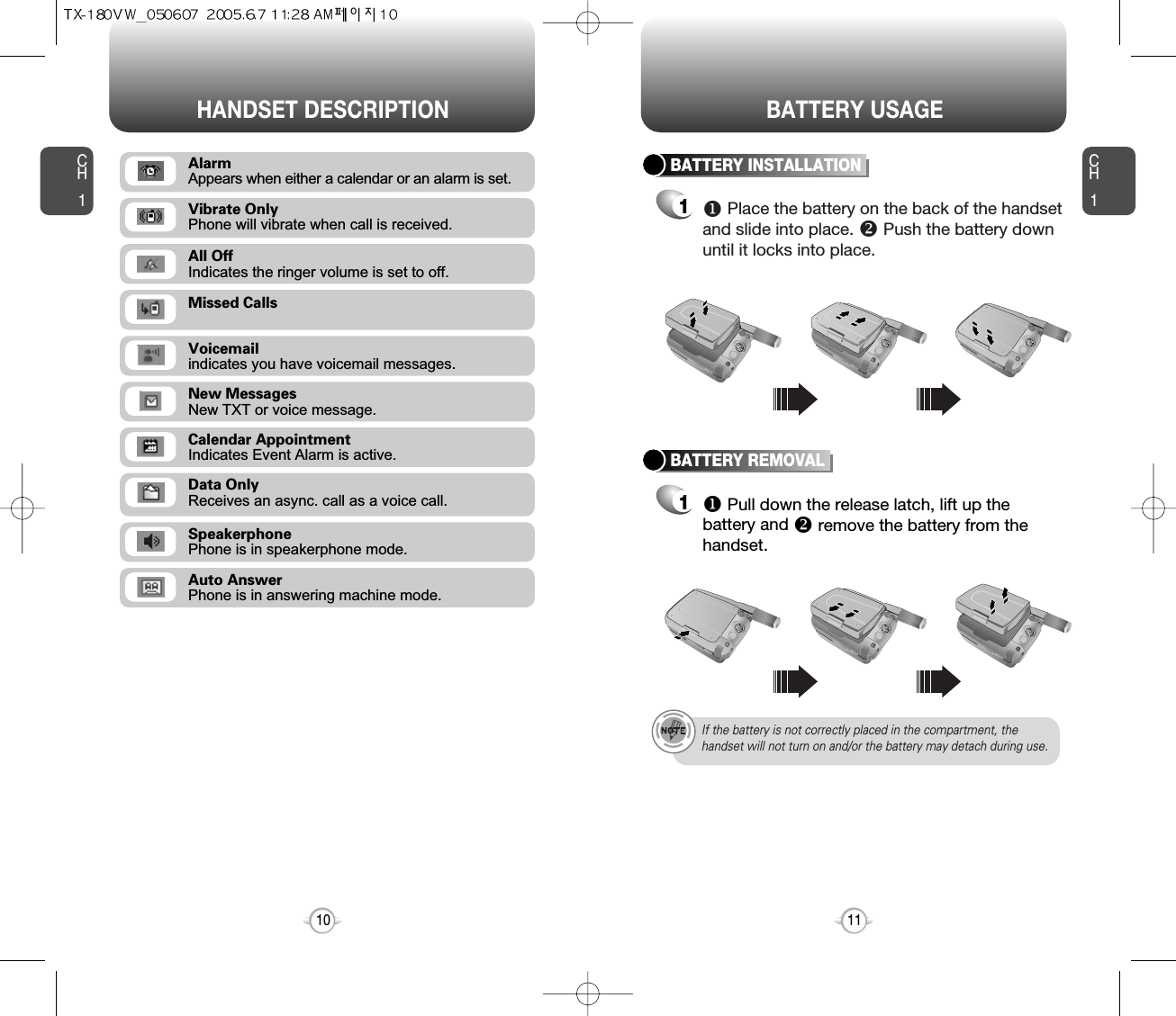 CH111CH110HANDSET DESCRIPTION BATTERY USAGEMissed CallsVoicemailindicates you have voicemail messages.New MessagesNew TXT or voice message.Calendar AppointmentIndicates Event Alarm is active.Data OnlyReceives an async. call as a voice call.SpeakerphonePhone is in speakerphone mode.Auto AnswerPhone is in answering machine mode.All OffIndicates the ringer volume is set to off.Vibrate OnlyPhone will vibrate when call is received.BATTERY INSTALLATION1uPlace the battery on the back of the handsetand slide into place. vPush the battery downuntil it locks into place.BATTERY REMOVAL1uPull down the release latch, lift up thebattery and vremove the battery from thehandset.If the battery is not correctly placed in the compartment, thehandset will not turn on and/or the battery may detach during use.AlarmAppears when either a calendar or an alarm is set.