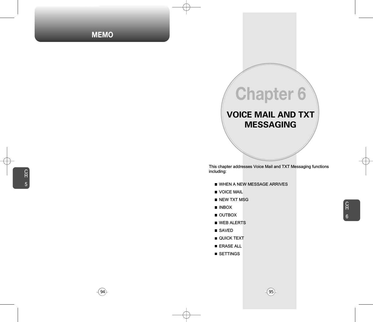 VOICE MAIL AND TXTMESSAGINGThis chapter addresses Voice Mail and TXT Messaging functionsincluding: WHEN A NEW MESSAGE ARRIVESVOICE MAILNEW TXT MSGINBOXOUTBOXWEB ALERTSSAVEDQUICK TEXTERASE ALLSETTINGSChapter 69594CH695MEMOCH5