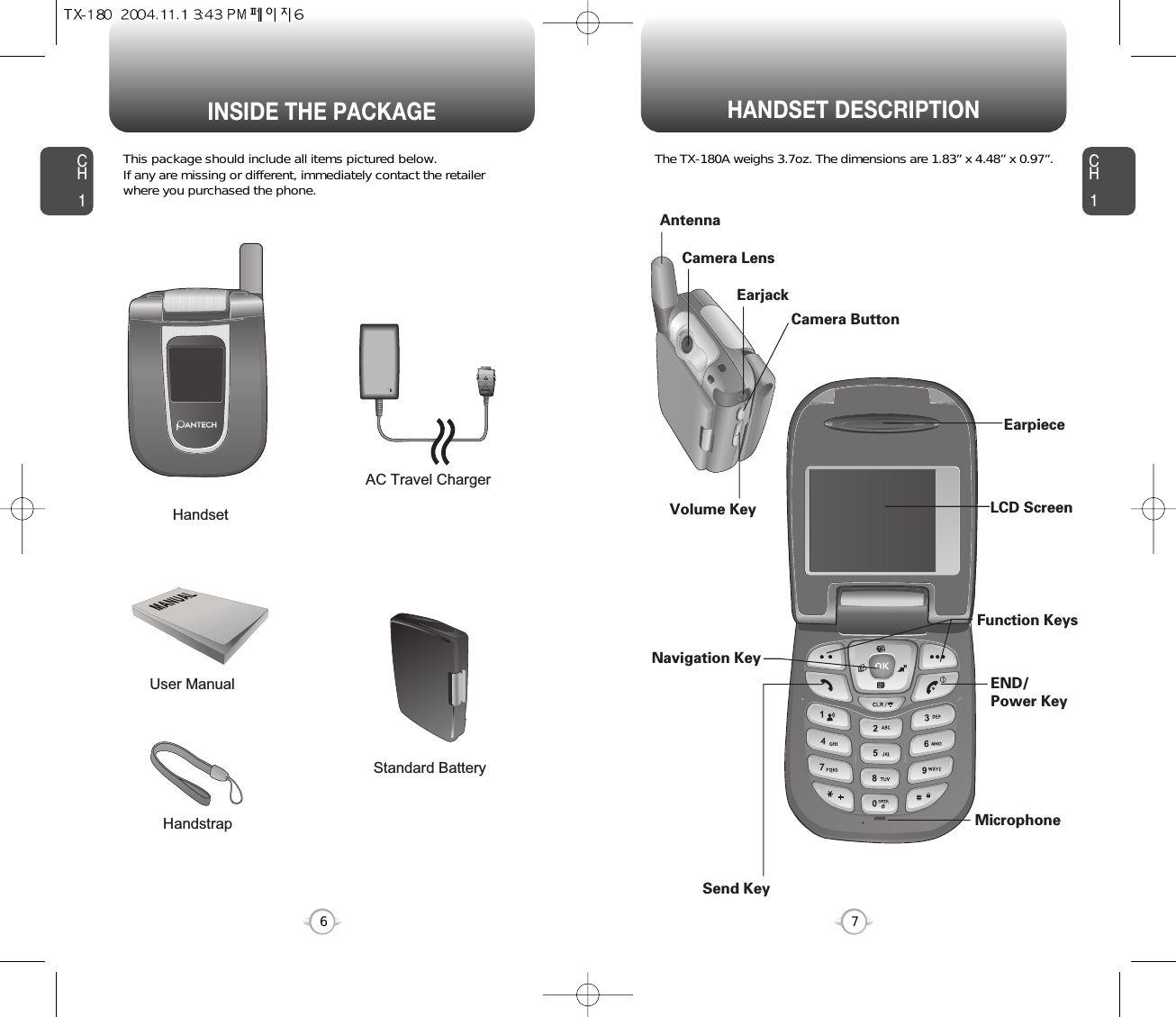 HANDSET DESCRIPTIONCH1This package should include all items pictured below. If any are missing or different, immediately contact the retailer where you purchased the phone.7INSIDE THE PACKAGECH16The TX-180A weighs 3.7oz. The dimensions are 1.83” x 4.48” x 0.97”.HandstrapUser ManualAC Travel ChargerHandsetStandard BatteryAntennaEarjackCamera ButtonVolume Key LCD ScreenFunction KeysSend KeyEND/Power KeyMicrophoneEarpieceNavigation KeyCamera Lens