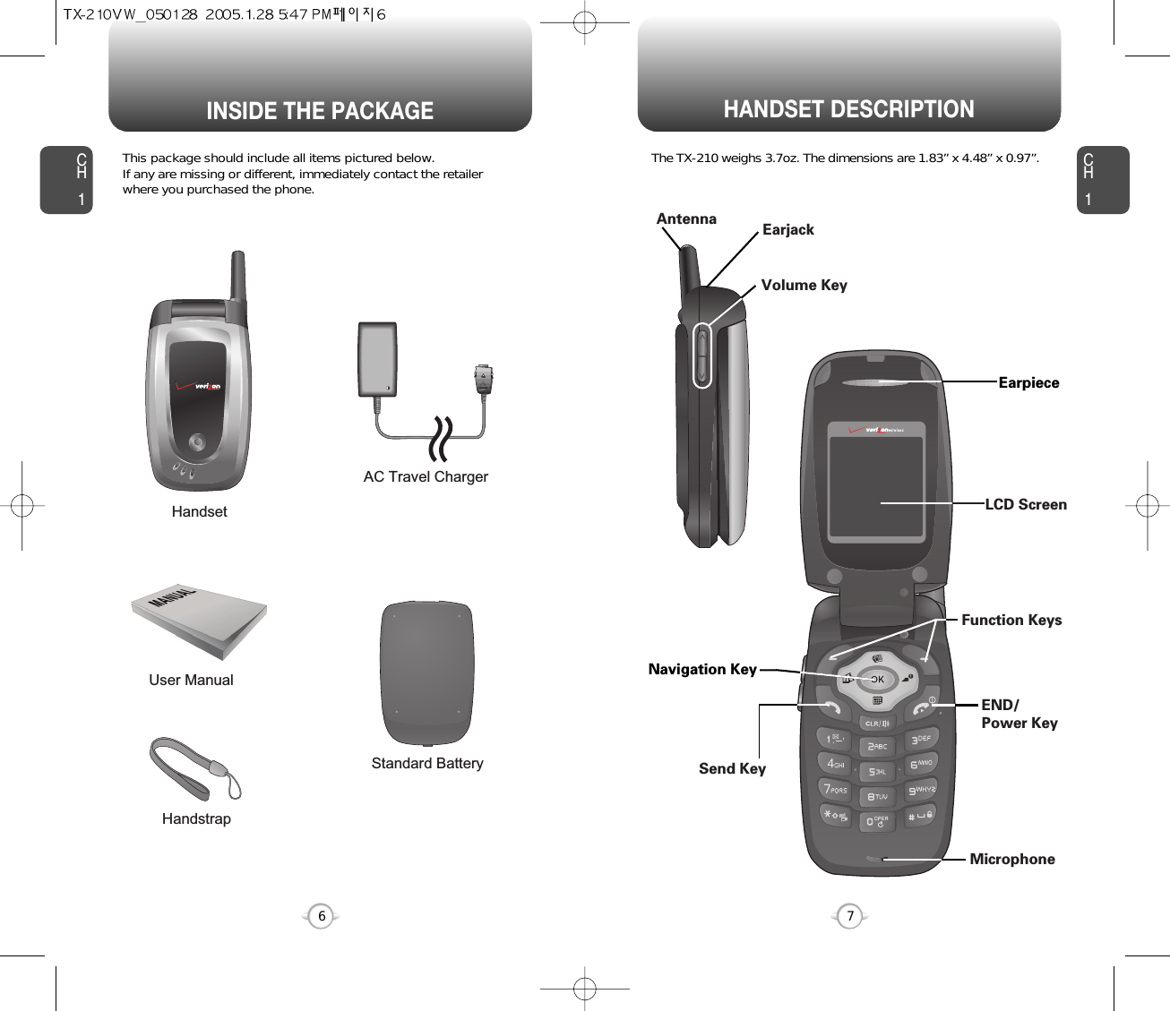 HANDSET DESCRIPTIONCH1This package should include all items pictured below. If any are missing or different, immediately contact the retailer where you purchased the phone.7INSIDE THE PACKAGECH16The TX-210 weighs 3.7oz. The dimensions are 1.83” x 4.48” x 0.97”.HandstrapUser ManualAC Travel ChargerHandsetStandard BatteryAntenna EarjackVolume KeyLCD ScreenFunction KeysSend KeyEND/Power KeyMicrophoneEarpieceNavigation Key