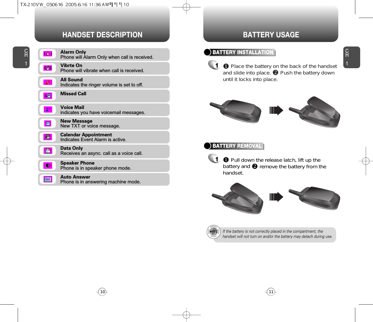 CH111CH110HANDSET DESCRIPTION BATTERY USAGEMissed CallVoice Mailindicates you have voicemail messages.New MessageNew TXT or voice message.Calendar AppointmentIndicates Event Alarm is active.Data OnlyReceives an async. call as a voice call.Speaker PhonePhone is in speaker phone mode.Auto AnswerPhone is in answering machine mode.All SoundIndicates the ringer volume is set to off.Vibrte OnPhone will vibrate when call is received.Alarm OnlyPhone will Alarm Only when call is received.BATTERY INSTALLATION1uPlace the battery on the back of the handsetand slide into place. vPush the battery downuntil it locks into place.BATTERY REMOVAL1uPull down the release latch, lift up thebattery and vremove the battery from thehandset.If the battery is not correctly placed in the compartment, thehandset will not turn on and/or the battery may detach during use.