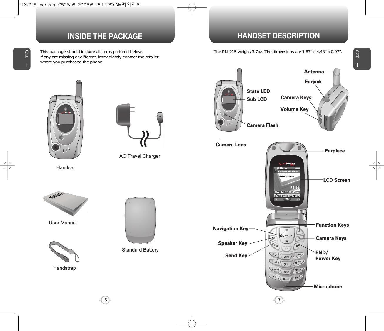 HANDSET DESCRIPTIONCH1This package should include all items pictured below. If any are missing or different, immediately contact the retailer where you purchased the phone.7INSIDE THE PACKAGECH16The PN-215 weighs 3.7oz. The dimensions are 1.83” x 4.48” x 0.97”.HandstrapUser ManualAC Travel ChargerHandsetStandard BatteryAntennaEarjackCamera KeysVolume KeyLCD ScreenFunction KeysCamera KeysEND/Power KeyMicrophoneEarpieceNavigation KeyCamera LensCamera FlashSub LCDState LEDSend KeySpeaker Key