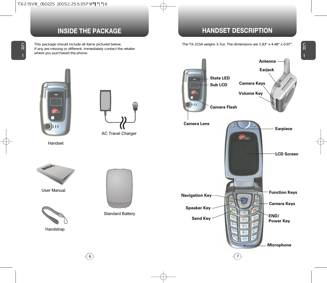 HANDSET DESCRIPTIONCH1This package should include all items pictured below. If any are missing or different, immediately contact the retailer where you purchased the phone.7INSIDE THE PACKAGECH16The TX-215A weighs 3.7oz. The dimensions are 1.83” x 4.48” x 0.97”.HandstrapUser ManualAC Travel ChargerHandsetStandard BatteryAntennaEarjackCamera KeysVolume KeyLCD ScreenFunction KeysCamera KeysEND/Power KeyMicrophoneEarpieceNavigation KeyCamera LensCamera FlashSub LCDState LEDSend KeySpeaker Key