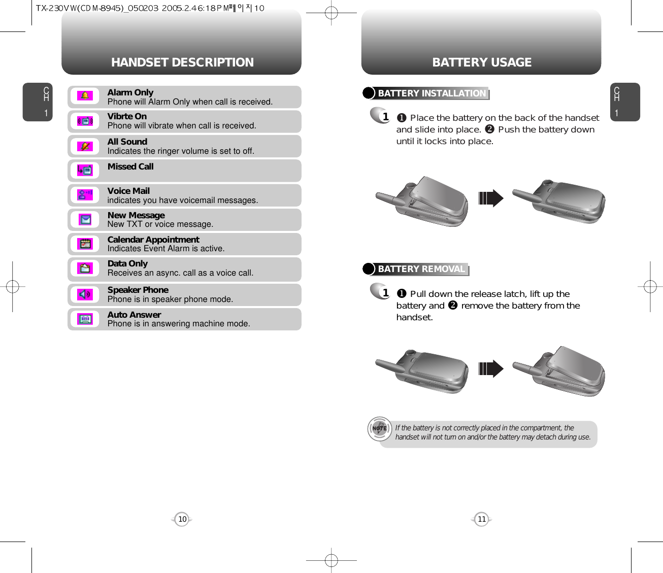 CH111CH110HANDSET DESCRIPTION BATTERY USAGEMissed CallVoice Mailindicates you have voicemail messages.New MessageNew TXT or voice message.Calendar AppointmentIndicates Event Alarm is active.Data OnlyReceives an async. call as a voice call.Speaker PhonePhone is in speaker phone mode.Auto AnswerPhone is in answering machine mode.All SoundIndicates the ringer volume is set to off.Vibrte OnPhone will vibrate when call is received.Alarm OnlyPhone will Alarm Only when call is received.BATTERY INSTALLATION1uPlace the battery on the back of the handsetand slide into place. vPush the battery downuntil it locks into place.BATTERY REMOVAL1uPull down the release latch, lift up thebattery and vremove the battery from thehandset.If the battery is not correctly placed in the compartment, thehandset will not turn on and/or the battery may detach during use.