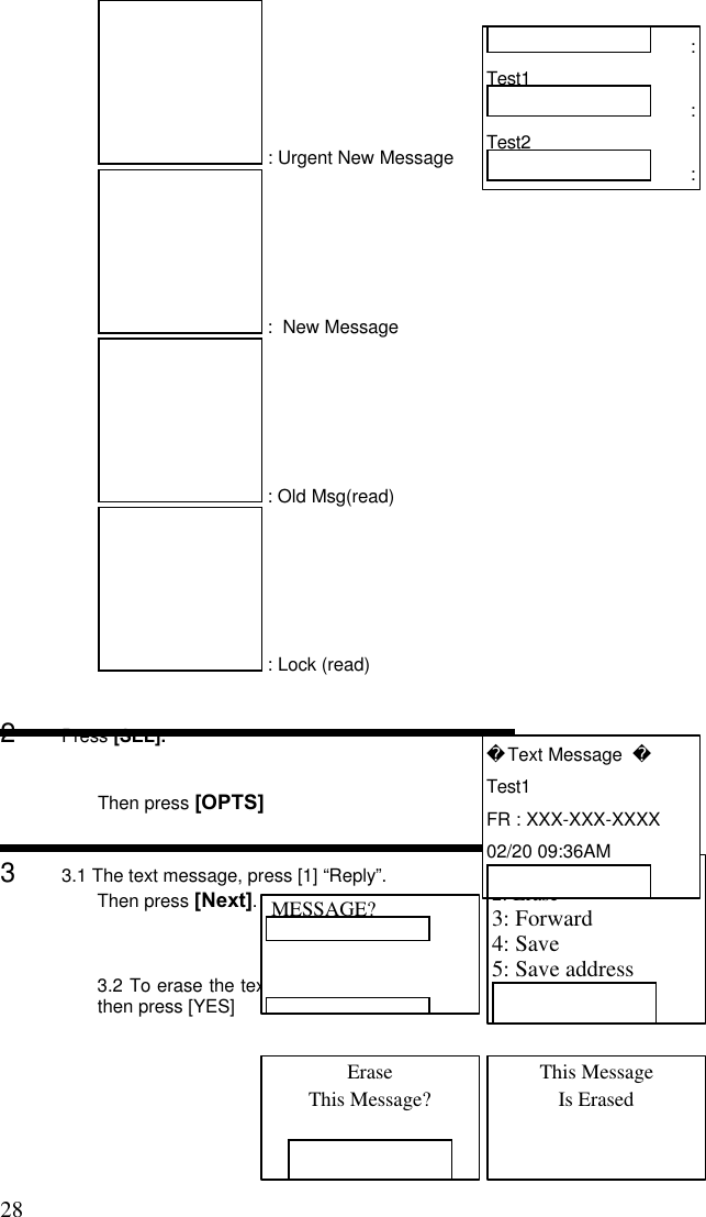 28                                                                                            : Urgent New Message :  New Message : Old Msg(read) : Lock (read)2      Press [SEL].Then press [OPTS]3      3.1 The text message, press [1] “Reply”.Then press [Next].3.2 To erase the text message, press [2],then press [YES]1: Reply2: Erase3: Forward4: Save5: Save address :Test1 :Test2 : Text Message  Test1FR : XXX-XXX-XXXX02/20 09:36AM MESSAGE?EraseThis Message?This MessageIs Erased