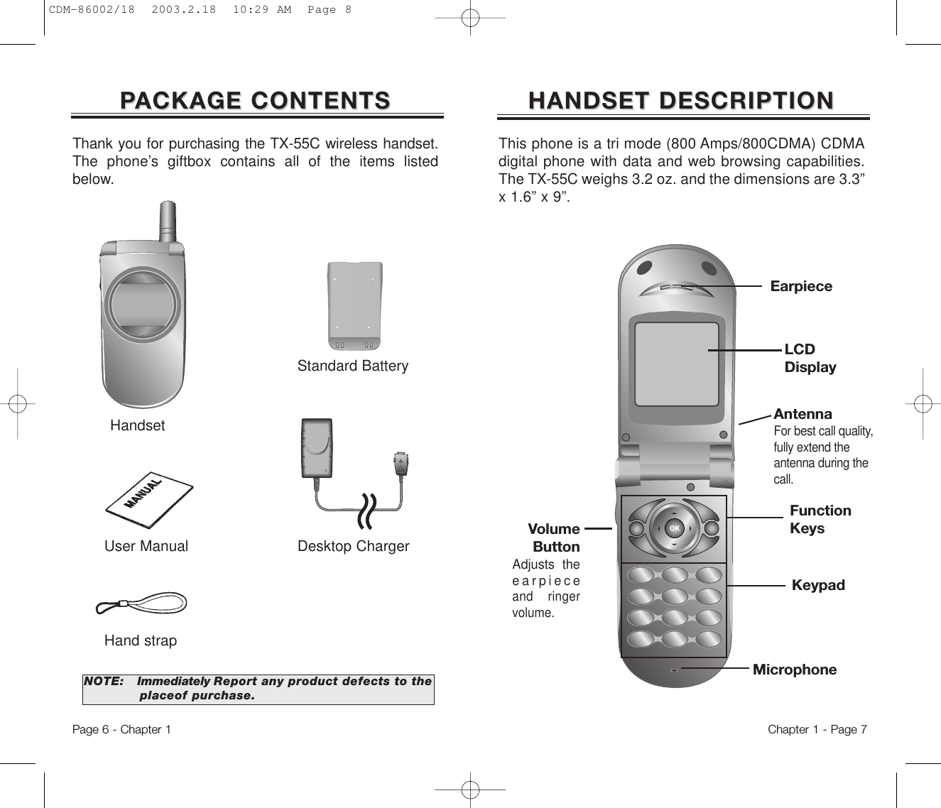 HANDSET DESCRIPTIONHANDSET DESCRIPTIONVolumeButtonAdjusts theearpieceand ringervolume.EarpieceFunctionKeysKeypadMicrophoneThis phone is a tri mode (800 Amps/800CDMA) CDMAdigital phone with data and web browsing capabilities.The TX-55C weighs 3.2 oz. and the dimensions are 3.3”x 1.6” x 9”.Chapter 1 - Page 7PPACKAGE CONTENTSACKAGE CONTENTSThank you for purchasing the TX-55C wireless handset.The phone’s giftbox contains all of the items listedbelow.NOTE: Immediately Report any product defects to the  placeof purchase.User Manual Desktop ChargerHand strapHandsetStandard BatteryPage 6 - Chapter 1AntennaFor best call quality,fully extend theantenna during thecall.LCDDisplayCDM-86002/18  2003.2.18  10:29 AM  Page 8