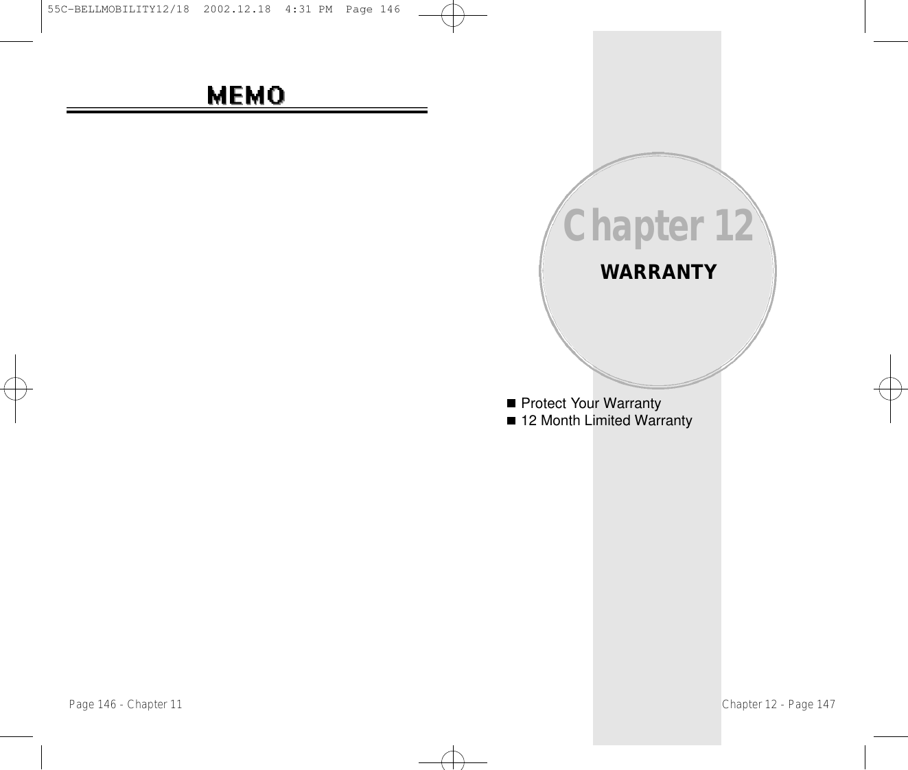 Protect Your Warranty12 Month Limited WarrantyPage 146 - Chapter 11Chapter 12WARRANTYChapter 12 - Page 14755C-BELLMOBILITY12/18  2002.12.18  4:31 PM  Page 146