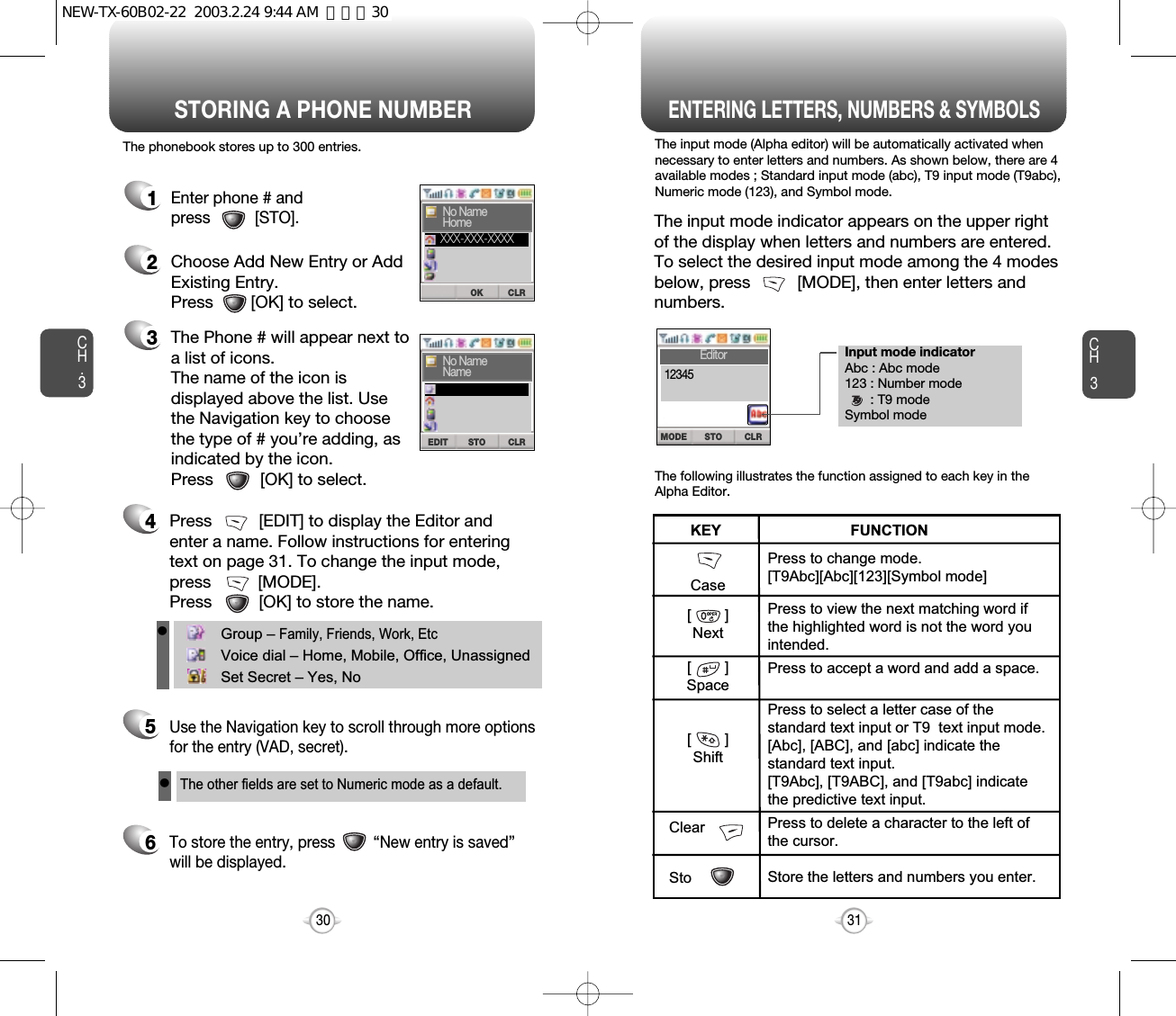 Press          [EDIT] to display the Editor and  enter a name. Follow instructions for entering text on page 31. To change the input mode, press          [MODE]. Press          [OK] to store the name.Input mode indicatorAbc : Abc mode123 : Number mode: T9 modeSymbol modeSTORING A PHONE NUMBERENTERING LETTERS, NUMBERS &amp; SYMBOLSCH3The input mode (Alpha editor) will be automatically activated whennecessary to enter letters and numbers. As shown below, there are 4available modes ; Standard input mode (abc), T9 input mode (T9abc),Numeric mode (123), and Symbol mode.The following illustrates the function assigned to each key in theAlpha Editor.31CH.3The phonebook stores up to 300 entries.1Enter phone # andpress          [STO].2Choose Add New Entry or Add Existing Entry.Press        [OK] to select.The input mode indicator appears on the upper rightof the display when letters and numbers are entered.To select the desired input mode among the 4 modesbelow, press          [MODE], then enter letters andnumbers.3The Phone # will appear next to a list of icons.The name of the icon is displayed above the list. Use the Navigation key to choose the type of # you’re adding, as indicated by the icon. Press          [OK] to select.45Use the Navigation key to scroll through more optionsfor the entry (VAD, secret).6To store the entry, press         “New entry is saved” will be displayed.30Case[        ]Next[        ]Space[        ]ShiftClearStoPress to change mode.[T9Abc][Abc][123][Symbol mode]Press to view the next matching word ifthe highlighted word is not the word youintended.Press to accept a word and add a space.Press to select a letter case of thestandard text input or T9  text input mode.[Abc], [ABC], and [abc] indicate thestandard text input.[T9Abc], [T9ABC], and [T9abc] indicatethe predictive text input.Press to delete a character to the left ofthe cursor.Store the letters and numbers you enter.KEY                               FUNCTIONGroup – Family, Friends, Work, EtcVoice dial – Home, Mobile, Office, UnassignedSet Secret – Yes, NolThe other fields are set to Numeric mode as a default.lOK CLRNo NameHomeSTOEDIT CLRNo NameNameSTO CLRMODEEditor12345XXX-XXX-XXXXNEW-TX-60B02-22  2003.2.24 9:44 AM  페이지30