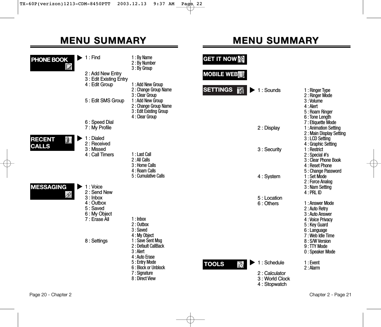 SETTINGS uMENU SUMMARMENU SUMMARYYTOOLS u1 : Sounds2 : Display3 : Security4 : System5 : Location6 : Others1 : Schedule2 : Calculator3 : World Clock4 : Stopwatch1 : Ringer Type2 : Ringer Mode3 : Volume4 : Alert5 : Roam Ringer6 : Tone Length7 : Etiquette Mode1 : Animation Setting2 : Main Display Setting3 : LCD Setting4 : Graphic Setting1 : Restrict2 : Special #’s3 : Clear Phone Book4 : Reset Phone5 : Change Password1 : Set Mode2 : Force Analog3 : Nam Setting4 : PRL ID1 : Answer Mode2 : Auto Retry3 : Auto Answer4 : Voice Privacy5 : Key Guard6 : Language7 : Web Idle Time8 : S/W Version9 : TTY Mode0 : Speaker Mode1 : Event2 : AlarmChapter 2 - Page 21MENU SUMMARMENU SUMMARYYPHONE BOOKRECENTCALLSMESSAGING uuu1 : By Name2 : By Number3 : By Group1 : Add New Group2 : Change Group Name3 : Clear Group1 : Add New Group2 : Change Group Name3 : Edit Existing Group4 : Clear Group1 : Last Call2 : All Calls3 : Home Calls4 : Roam Calls5 : Cumulative Calls1 : Inbox2 : Outbox3 : Saved4 : My Object1 : Save Sent Msg2 : Default CallBack3 : Alert4 : Auto Erase5 : Entry Mode6 : Block or Unblock7 : Signature8 : Direct View1 : Find2 : Add New Entry3 : Edit Existing Entry4 : Edit Group5 : Edit SMS Group6 : Speed Dial7 : My Profile1 : Dialed2 : Received3 : Missed4 : Call Timers1 : Voice2 : Send New3 : Inbox4 : Outbox5 : Saved6 : My Object7 : Erase All8 : SettingsPage 20 - Chapter 2GET IT NOWMOBILE WEBTX-60P(verizon)1213-CDM-8450PTT  2003.12.13  9:37 AM  Page 22