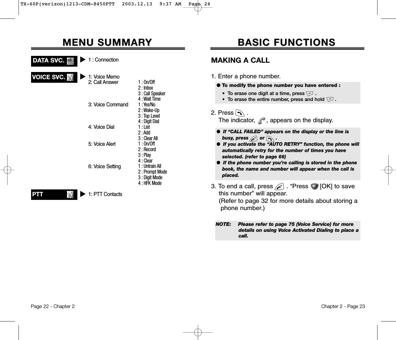 Chapter 2 - Page 23BASIC FUNCTIONSBASIC FUNCTIONSMAKING A CALL1. Enter a phone number. 2. Press       . The indicator,      , appears on the display.3. To end a call, press       . “Press      [OK] to save this number” will appear.(Refer to page 32 for more details about storing a phone number.)Page 22 - Chapter 2MENU SUMMARMENU SUMMARYYVOICE SVC.u1 : On/Off2 : Inbox3 : Call Speaker4 : Wait Time1 : Yes/No2 : Wake-Up3 : Top Level4 : Digit Dial1 : List2 : Add3 : Clear All1 : On/Off2 : Record3 : Play4 : Clear1 : Untrain All2 : Prompt Mode3 : Digit Mode4 : HFK Mode1 : Connection1: Voice Memo2: Call Answer3: Voice Command4: Voice Dial5: Voice Alert6: Voice Setting1: PTT Contacts●  If “CALL FAILED” appears on the display or the line isbusy, press       or       . ●  If you activate the “AUTO RETRY” function, the phone willautomatically retry for the number of times you haveselected. (refer to page 66)●  If the phone number you’re calling is stored in the phonebook, the name and number will appear when the call isplaced.● To modify the phone number you have entered :•  To erase one digit at a time, press       .•  To erase the entire number, press and hold       .NOTE: Please refer to page 75 (Voice Service) for more details on using Voice Activated Dialing to place a call.PTTuDATA SVC. uTX-60P(verizon)1213-CDM-8450PTT  2003.12.13  9:37 AM  Page 24