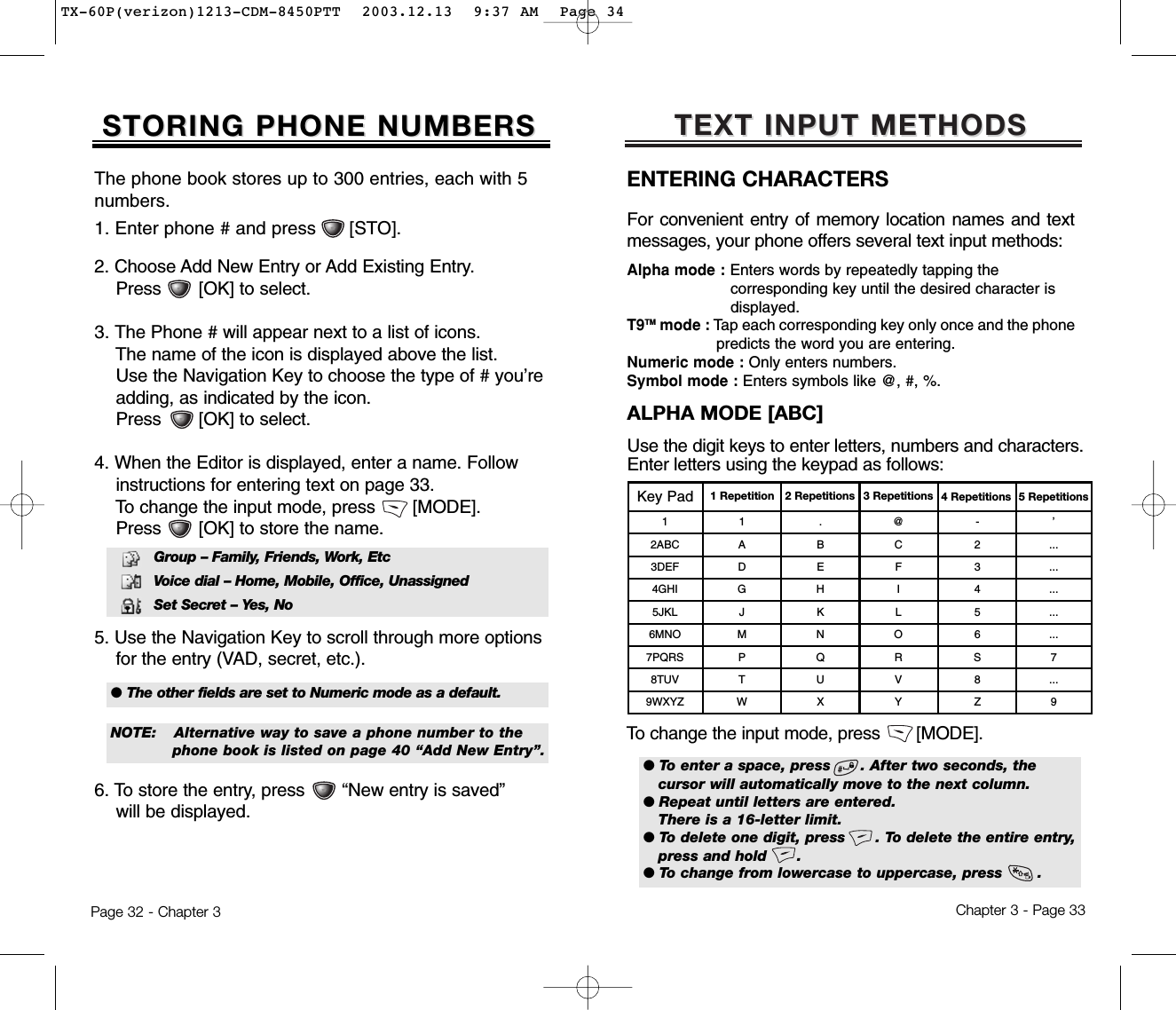 TEXT INPUT METHODSTEXT INPUT METHODSENTERING CHARACTERS For convenient entry of memory location names and textmessages, your phone offers several text input methods:Alpha mode : Enters words by repeatedly tapping the corresponding key until the desired character is displayed.T9TM mode : Tap each corresponding key only once and the phone predicts the word you are entering.Numeric mode : Only enters numbers.Symbol mode : Enters symbols like @, #, %.ALPHA MODE [ABC]Use the digit keys to enter letters, numbers and characters.Enter letters using the keypad as follows:Chapter 3 - Page 33STORING PHONE NUMBERSSTORING PHONE NUMBERSPage 32 - Chapter 3The phone book stores up to 300 entries, each with 5numbers.2. Choose Add New Entry or Add Existing Entry.Press       [OK] to select.3. The Phone # will appear next to a list of icons.The name of the icon is displayed above the list. Use the Navigation Key to choose the type of # you’re adding, as indicated by the icon. Press       [OK] to select.4. When the Editor is displayed, enter a name. Follow instructions for entering text on page 33. To change the input mode, press       [MODE]. Press       [OK] to store the name.5. Use the Navigation Key to scroll through more options for the entry (VAD, secret, etc.).6. To store the entry, press       “New entry is saved” will be displayed.1. Enter phone # and press      [STO].Group – Family, Friends, Work, EtcVoice dial – Home, Mobile, Office, UnassignedSet Secret – Yes, No● The other fields are set to Numeric mode as a default.NOTE:Alternative way to save a phone number to the phone book is listed on page 40 “Add New Entry”.● To enter a space, press      . After two seconds, the cursor will automatically move to the next column.● Repeat until letters are entered. There is a 16-letter limit.● To delete one digit, press      . To delete the entire entry,press and hold      .● To change from lowercase to uppercase, press       .Key Pad 1 Repetition1ADGJMPTW12ABC3DEF4GHI5JKL6MNO7PQRS8TUV9WXYZ.BEHKNQUX@CFILORVY-23456S8Z’...............7...92 Repetitions 3 Repetitions 4 Repetitions 5 RepetitionsTo change the input mode, press       [MODE].TX-60P(verizon)1213-CDM-8450PTT  2003.12.13  9:37 AM  Page 34