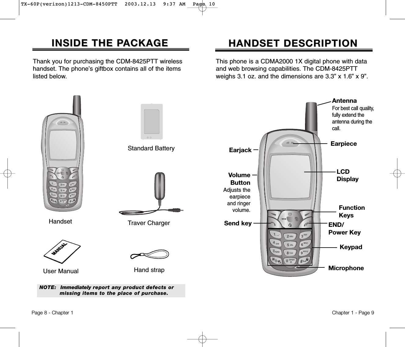 HANDSET DESCRIPTIONHANDSET DESCRIPTIONVolumeButtonAdjusts theearpieceand ringervolume.EarpieceFunctionKeysKeypadMicrophoneEND/Power KeySend keyEarjackThis phone is a CDMA2000 1X digital phone with dataand web browsing capabilities. The CDM-8425PTTweighs 3.1 oz. and the dimensions are 3.3” x 1.6” x 9”.Chapter 1 - Page 9INSIDE THE PINSIDE THE PACKAGEACKAGEThank you for purchasing the CDM-8425PTT wirelesshandset. The phone’s giftbox contains all of the itemslisted below.NOTE: Immediately report any product defects or missing items to the place of purchase.User Manual Hand strapHandsetPage 8 - Chapter 1AntennaFor best call quality,fully extend theantenna during thecall.LCDDisplayTraver ChargerStandard BatteryTX-60P(verizon)1213-CDM-8450PTT  2003.12.13  9:37 AM  Page 10