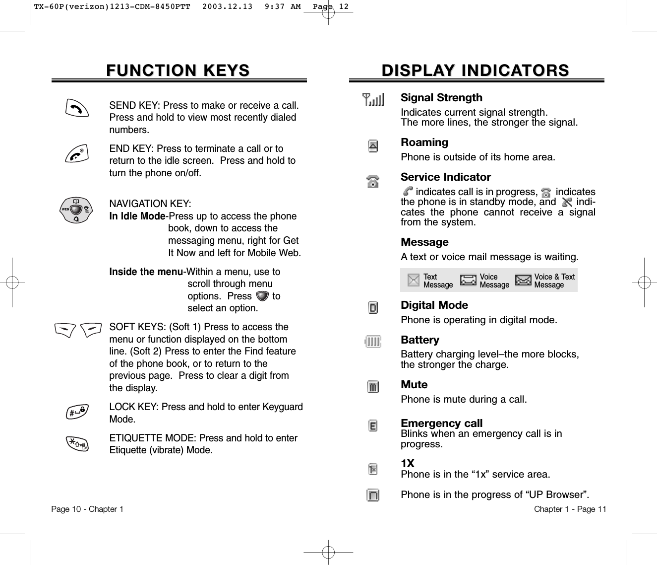 DISPLADISPLAY INDICAY INDICATORSTORSChapter 1 - Page 11FUNCTION KEYSFUNCTION KEYSSEND KEY: Press to make or receive a call.Press and hold to view most recently dialednumbers.END KEY: Press to terminate a call or toreturn to the idle screen.  Press and hold toturn the phone on/off.NAVIGATION KEY: In Idle Mode-Press up to access the phone book, down to access the messaging menu, right for Get It Now and left for Mobile Web.Inside the menu-Within a menu, use to  scroll through menu options.  Press       to select an option.SOFT KEYS: (Soft 1) Press to access themenu or function displayed on the bottomline. (Soft 2) Press to enter the Find featureof the phone book, or to return to the previous page.  Press to clear a digit fromthe display.LOCK KEY: Press and hold to enter KeyguardMode.ETIQUETTE MODE: Press and hold to enterEtiquette (vibrate) Mode.Page 10 - Chapter 1Signal StrengthIndicates current signal strength. The more lines, the stronger the signal.RoamingPhone is outside of its home area.Service Indicatorindicates call is in progress, indicatesthe phone is in standby mode, and       indi-cates the phone cannot receive a signalfrom the system.MessageA text or voice mail message is waiting.Digital ModePhone is operating in digital mode.BatteryBattery charging level–the more blocks, the stronger the charge.MutePhone is mute during a call.Emergency callBlinks when an emergency call is inprogress.1XPhone is in the “1x” service area.Phone is in the progress of “UP Browser”.Text MessageVoice MessageVoice &amp; Text MessageTX-60P(verizon)1213-CDM-8450PTT  2003.12.13  9:37 AM  Page 12