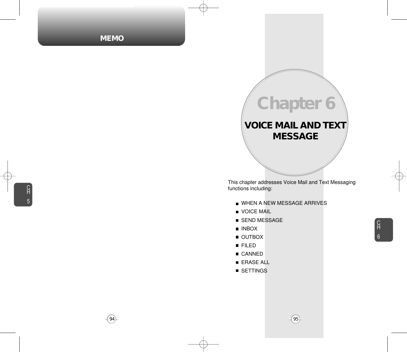 VOICE MAIL AND TEXTMESSAGEThis chapter addresses Voice Mail and Text Messagingfunctions including: WHEN A NEW MESSAGE ARRIVESVOICE MAILSEND MESSAGEINBOXOUTBOXFILEDCANNEDERASE ALLSETTINGSChapter 69594CH695MEMOCH5